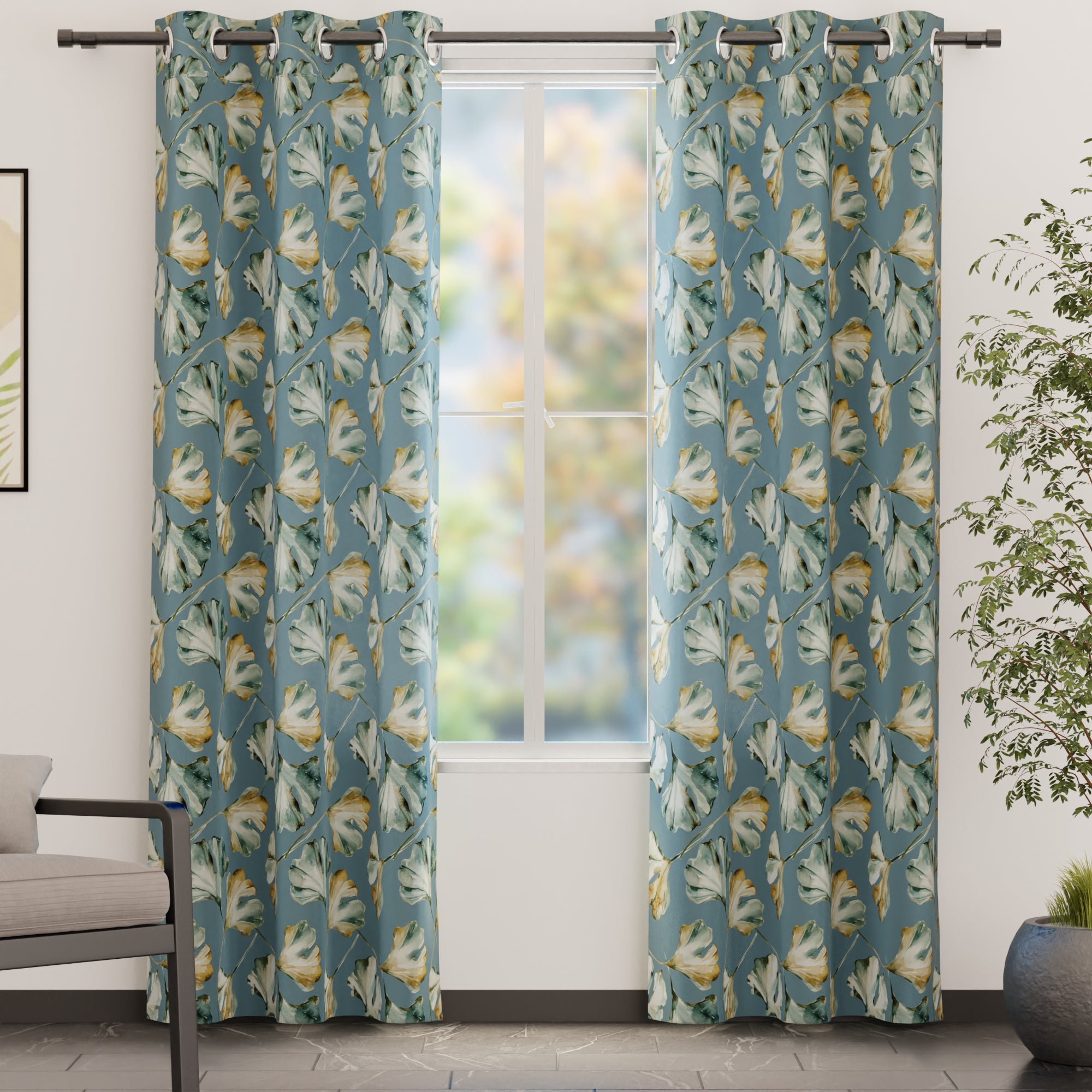 Blackout Polyester Gingko Blue Curtain (Pack of 2)