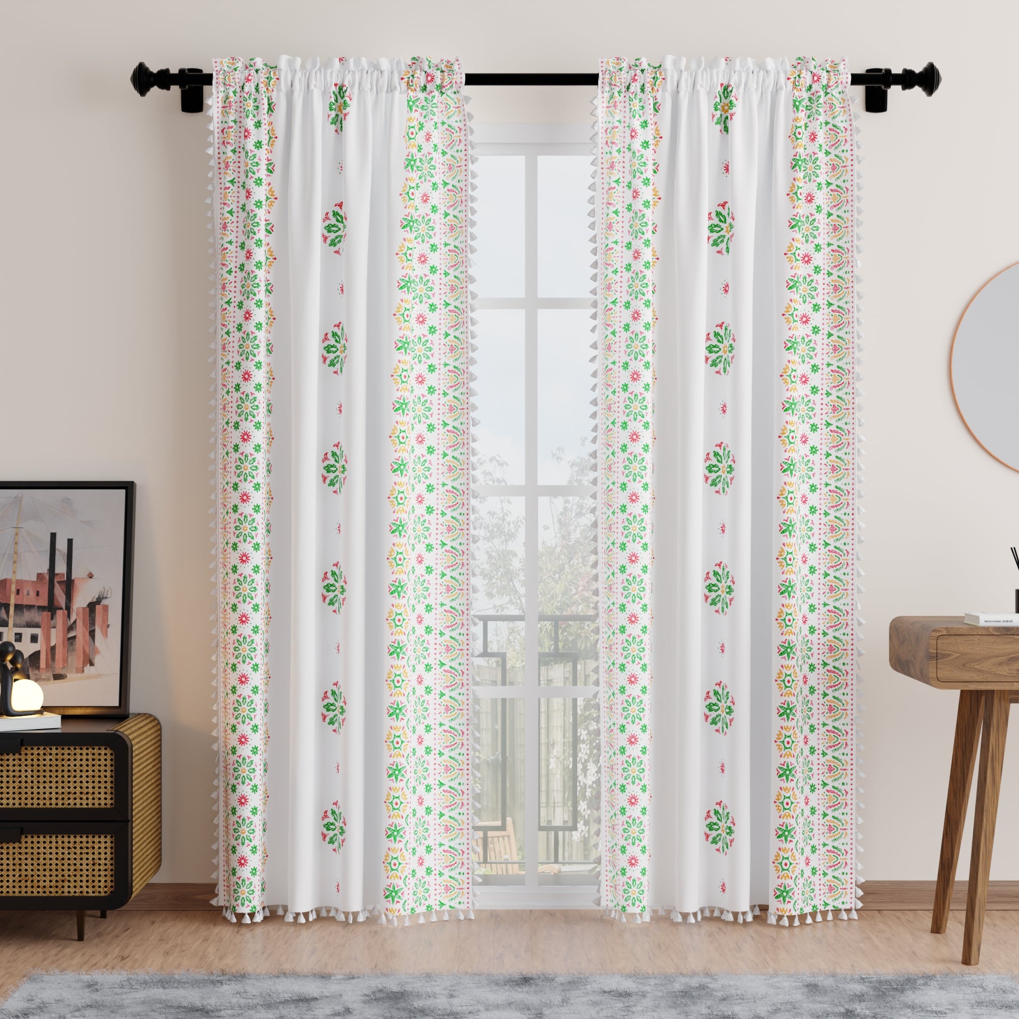Polyester Boho Bright Green Curtain (Pack of 2)