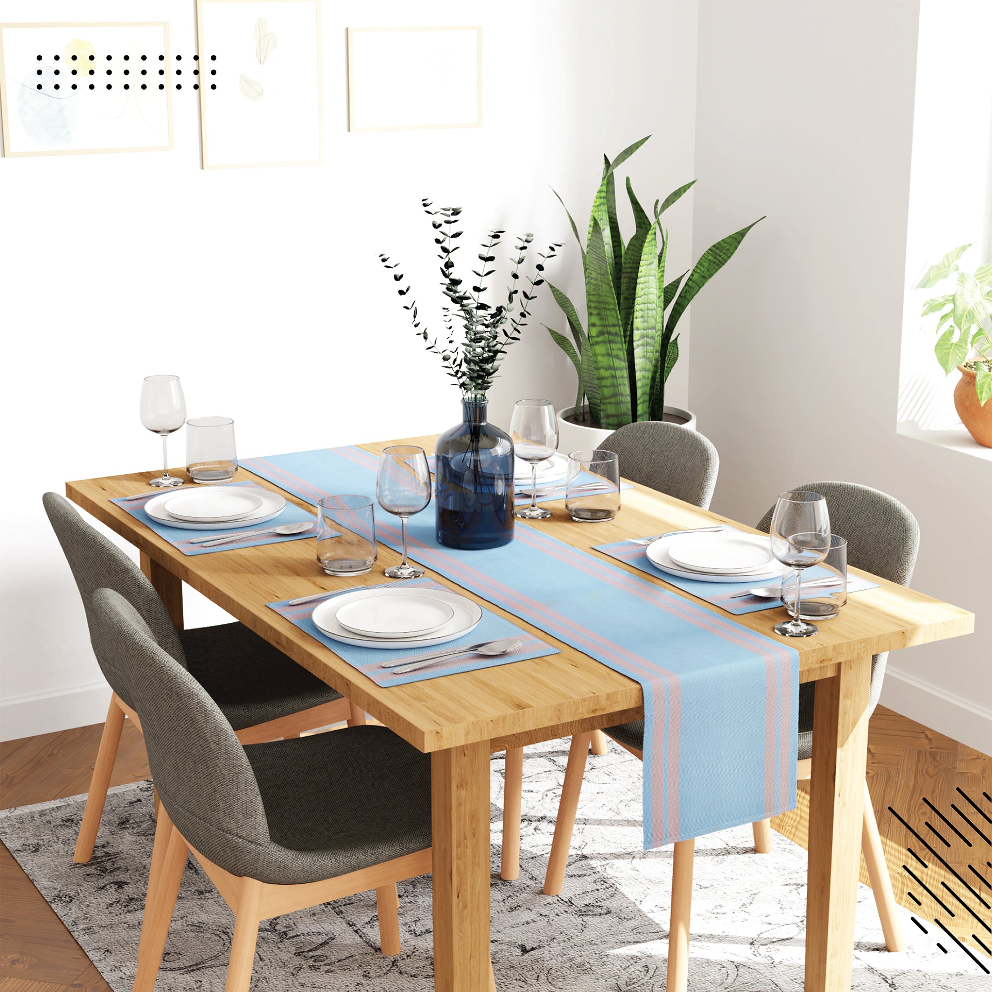 Cotton Ladder Blue Table Runner+Placemat (Pack of 5)
