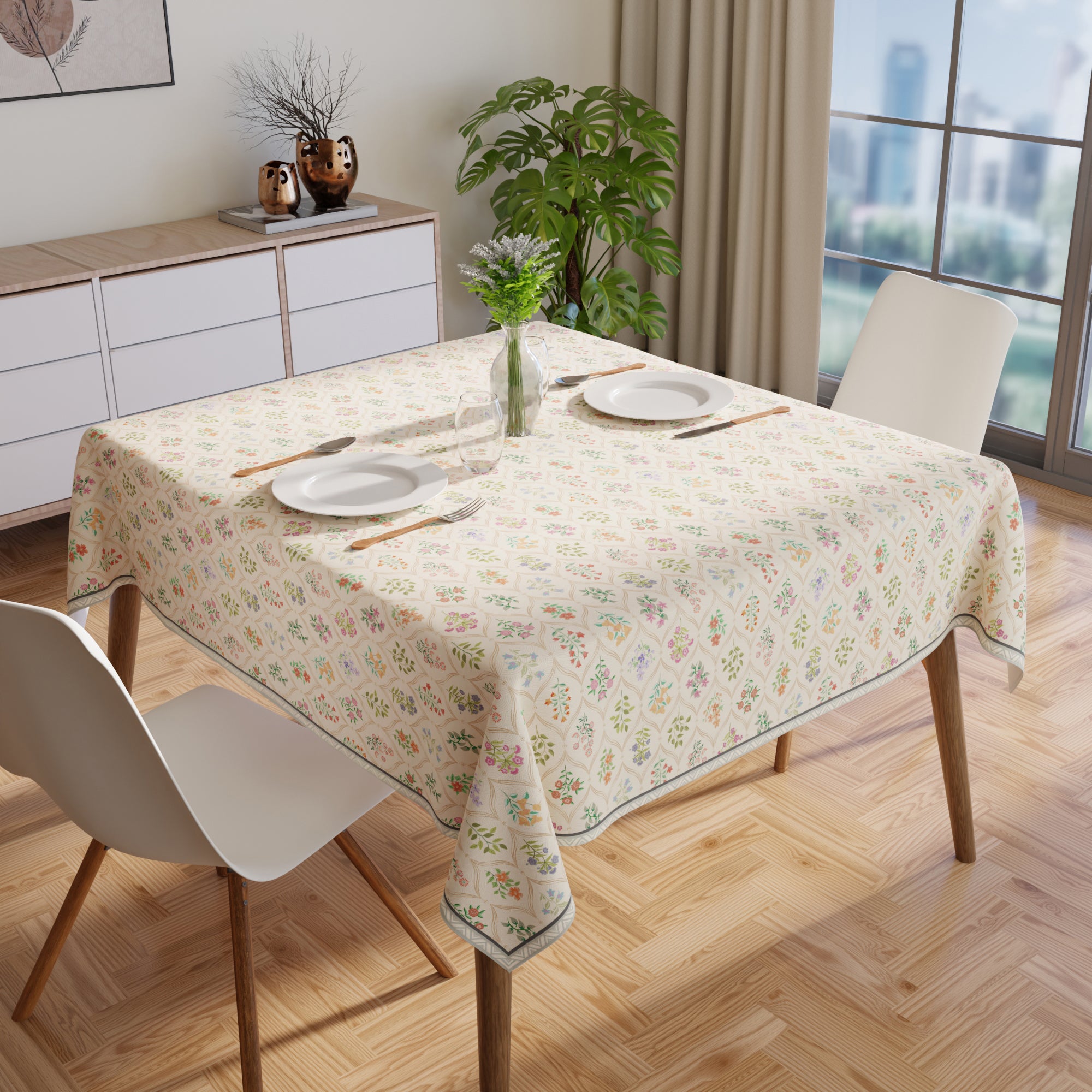 Polyester French Beige Printed Table Cloth (Pack of 1)