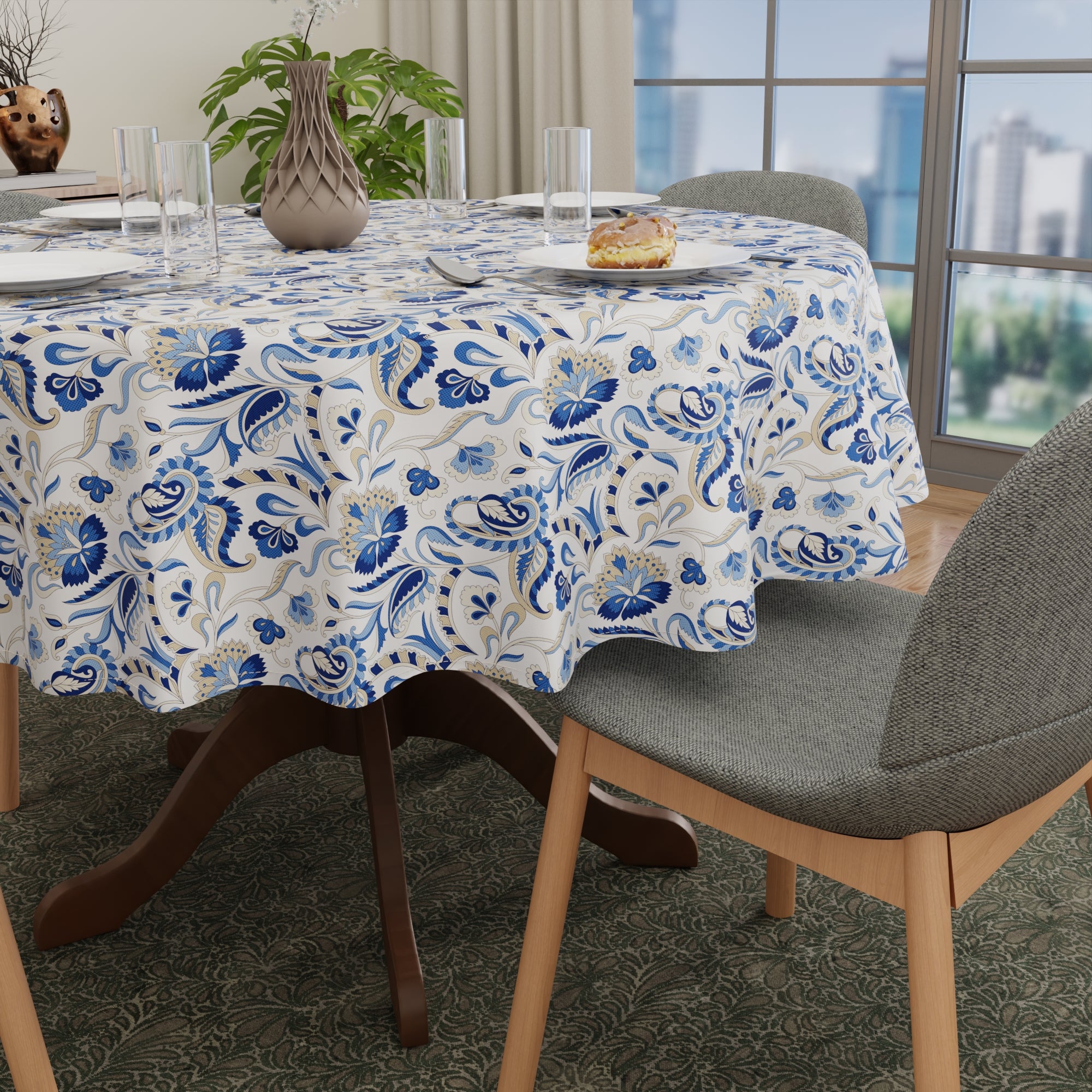 Polyester Chintz Blue Table Cloth (Pack of 1)