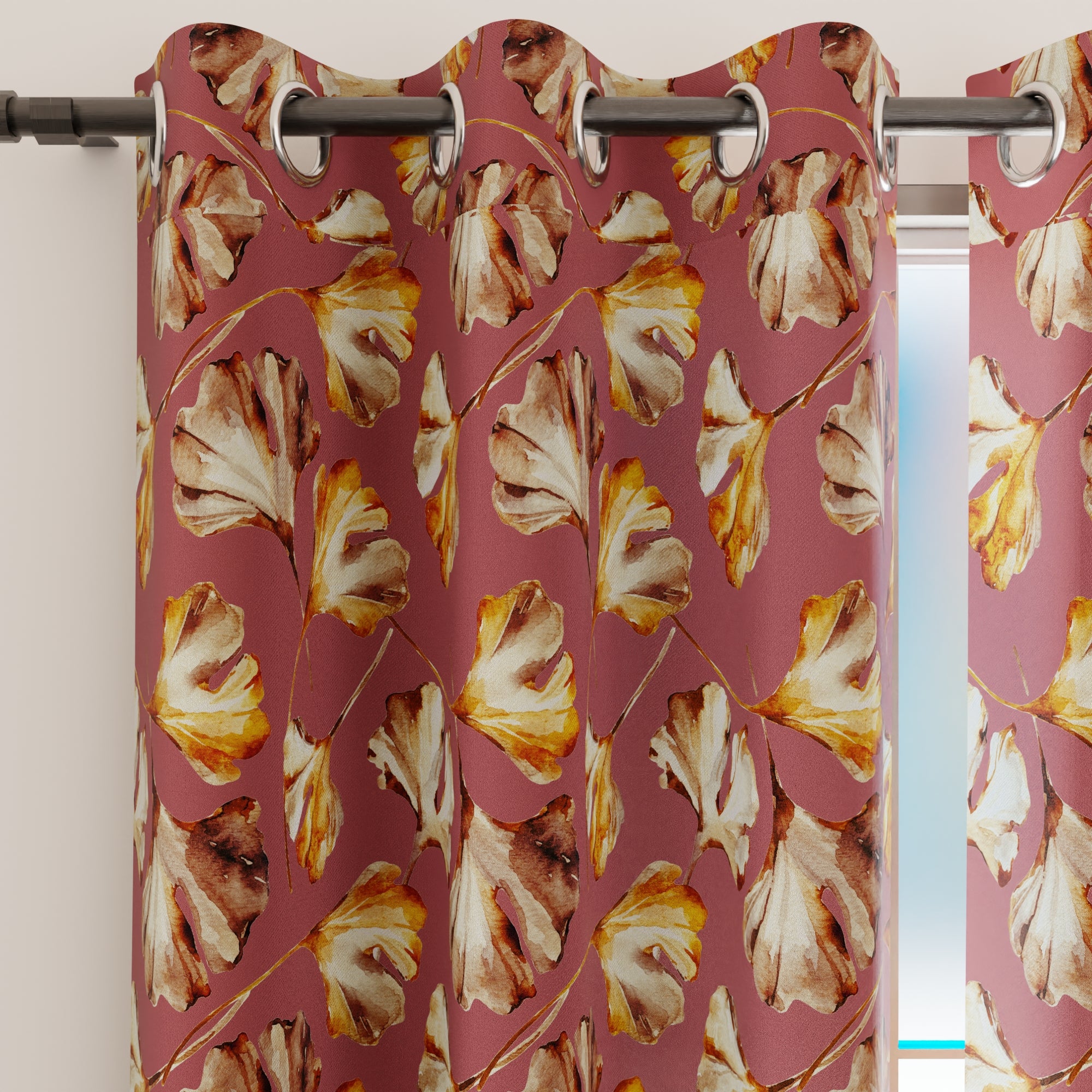 Blackout Polyester Gingko Plum Curtain (Pack of 2)