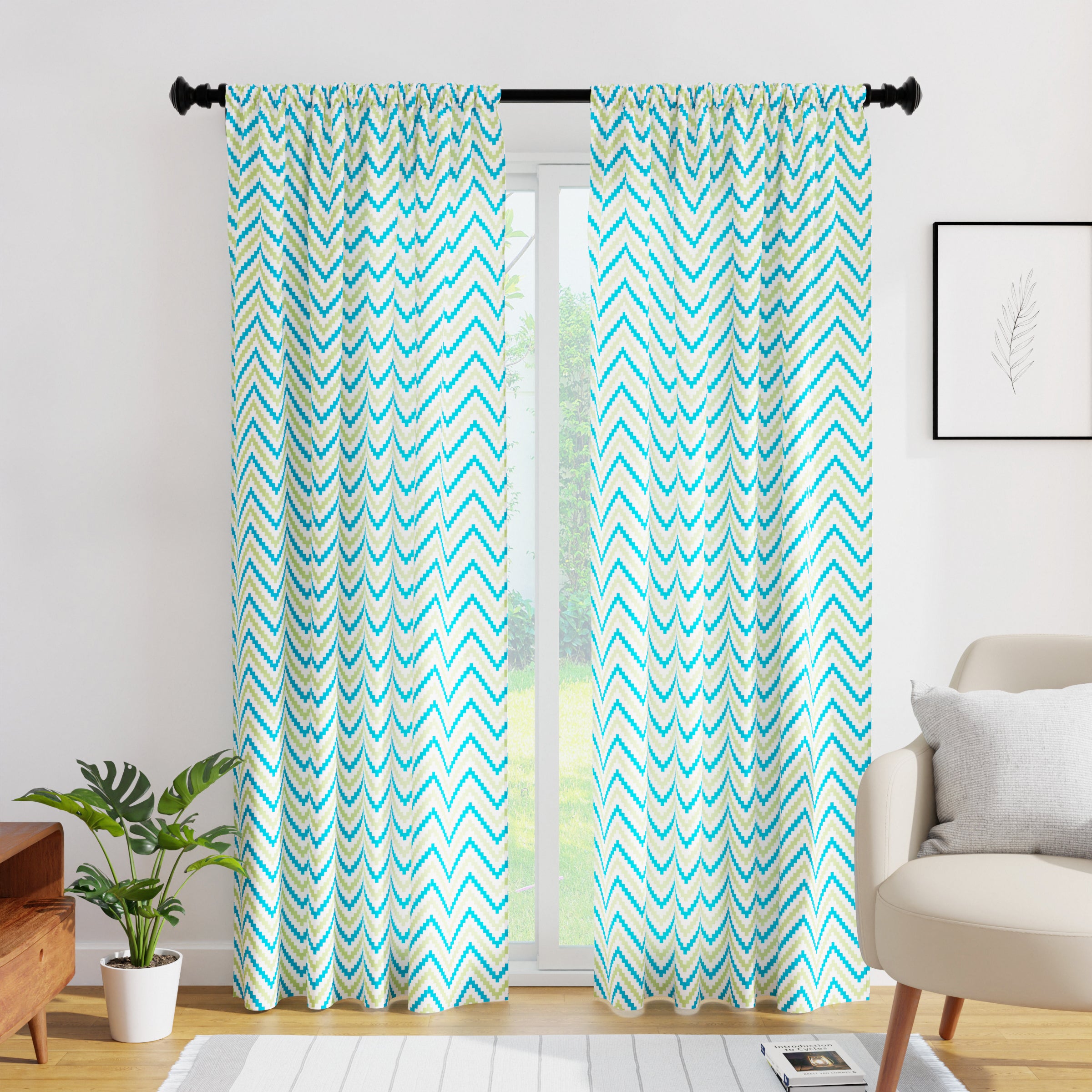 Polyester Chevron 1 Green Curtain (Pack of 2)