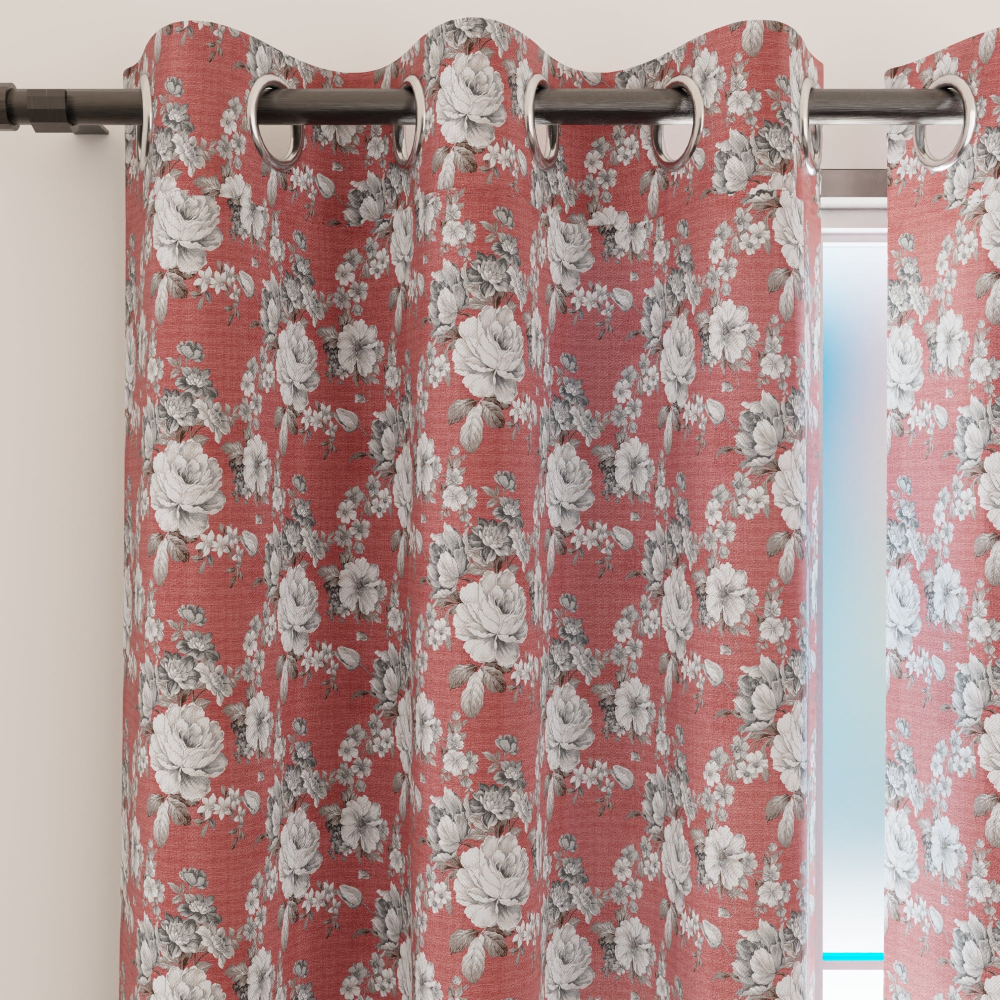 Blackout Polyester F4 English Rose Curtain (Pack of 2)