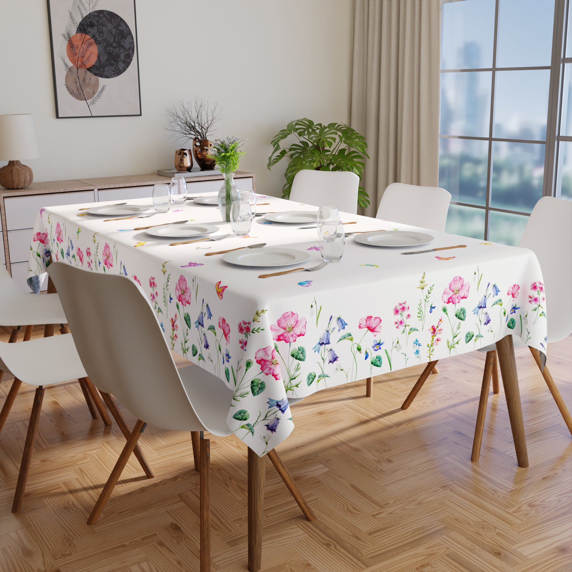 Polyester Pink Butterflies Printed Table Cloth