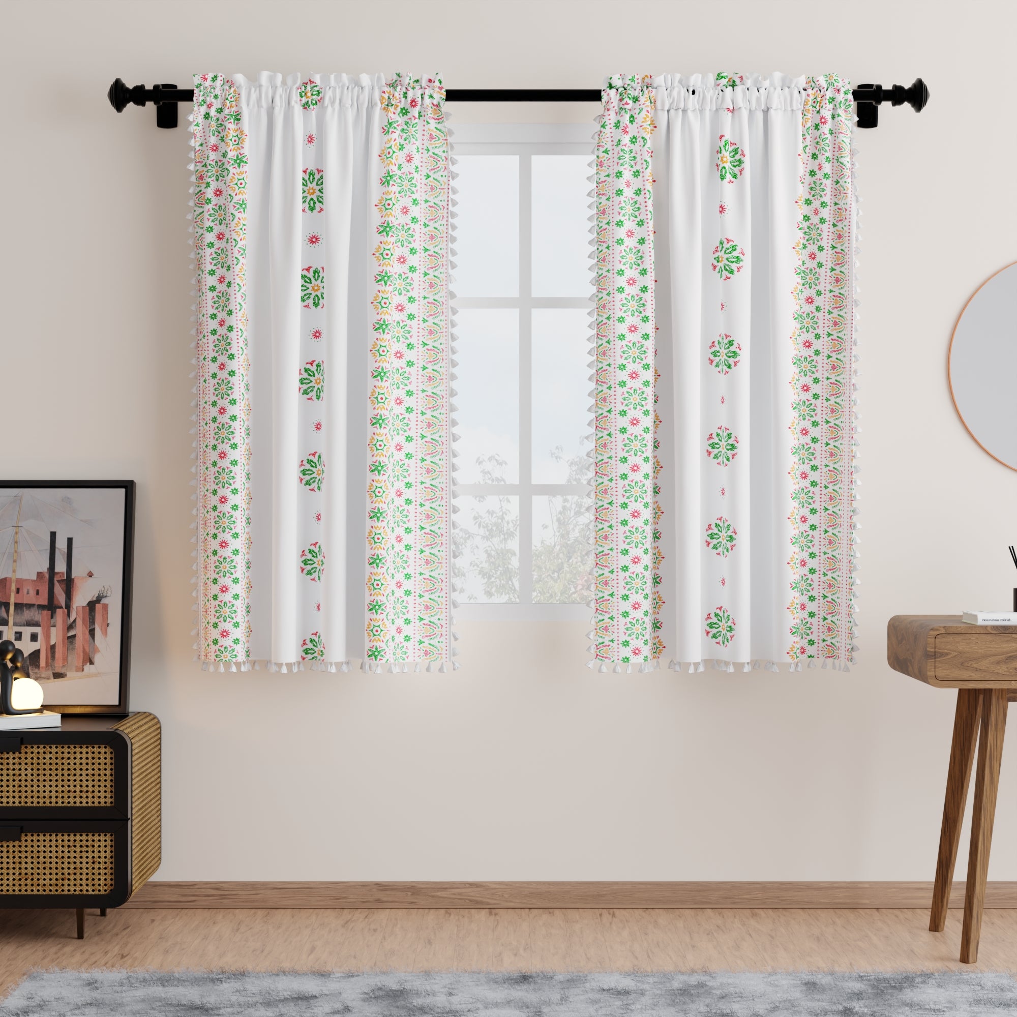 Polyester Boho Bright Green Curtain (Pack of 2)
