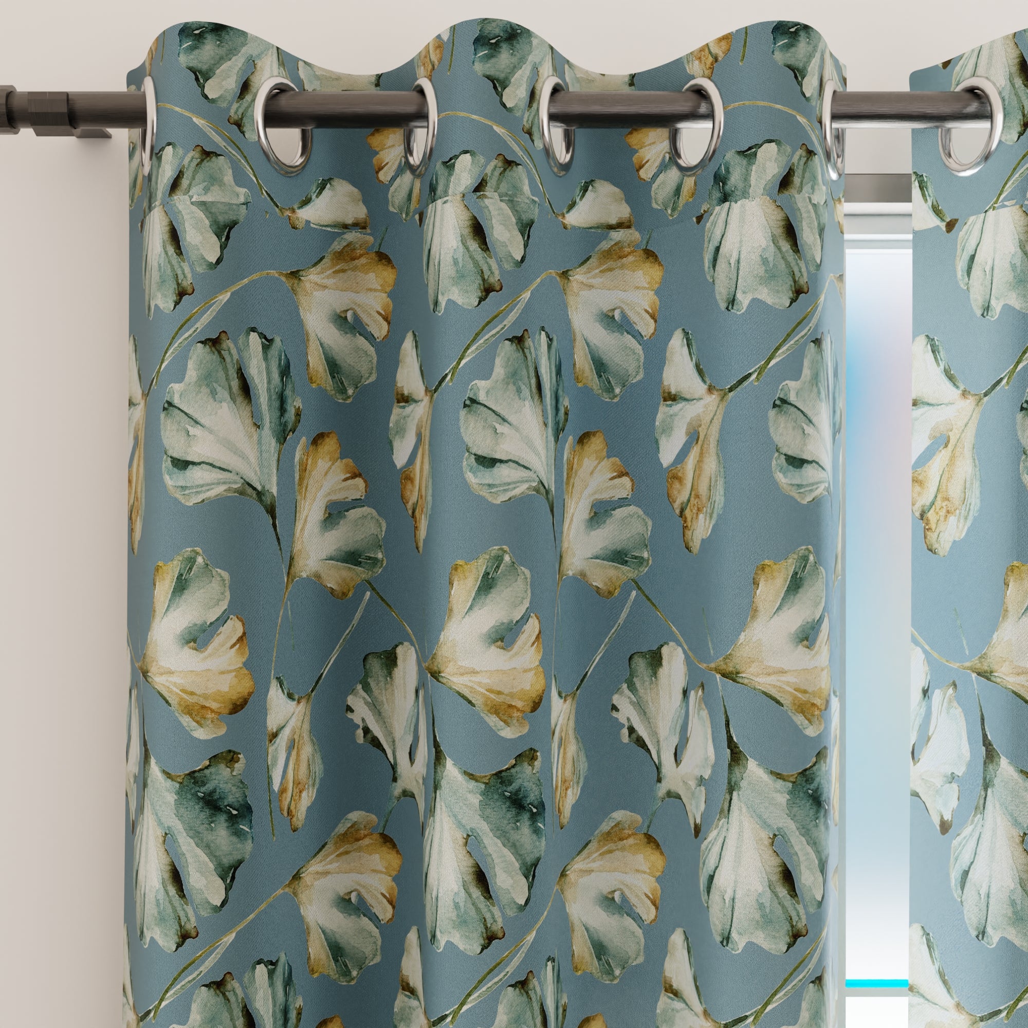 Blackout Polyester Gingko Blue Curtain (Pack of 2)