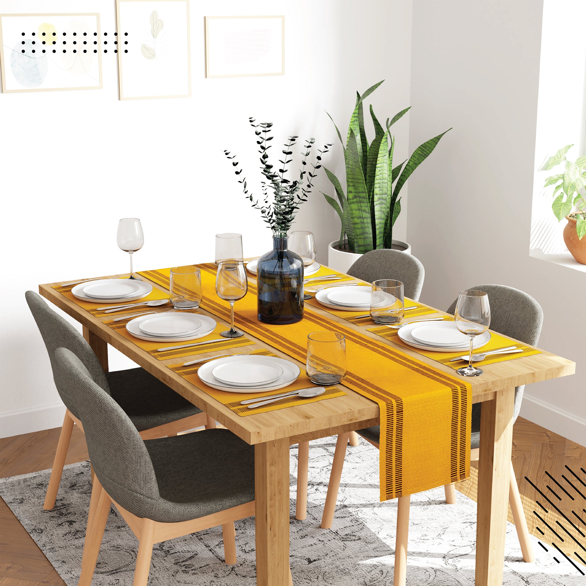 Cotton Ladder Yellow Table Runner+Placemat (Pack of 7)