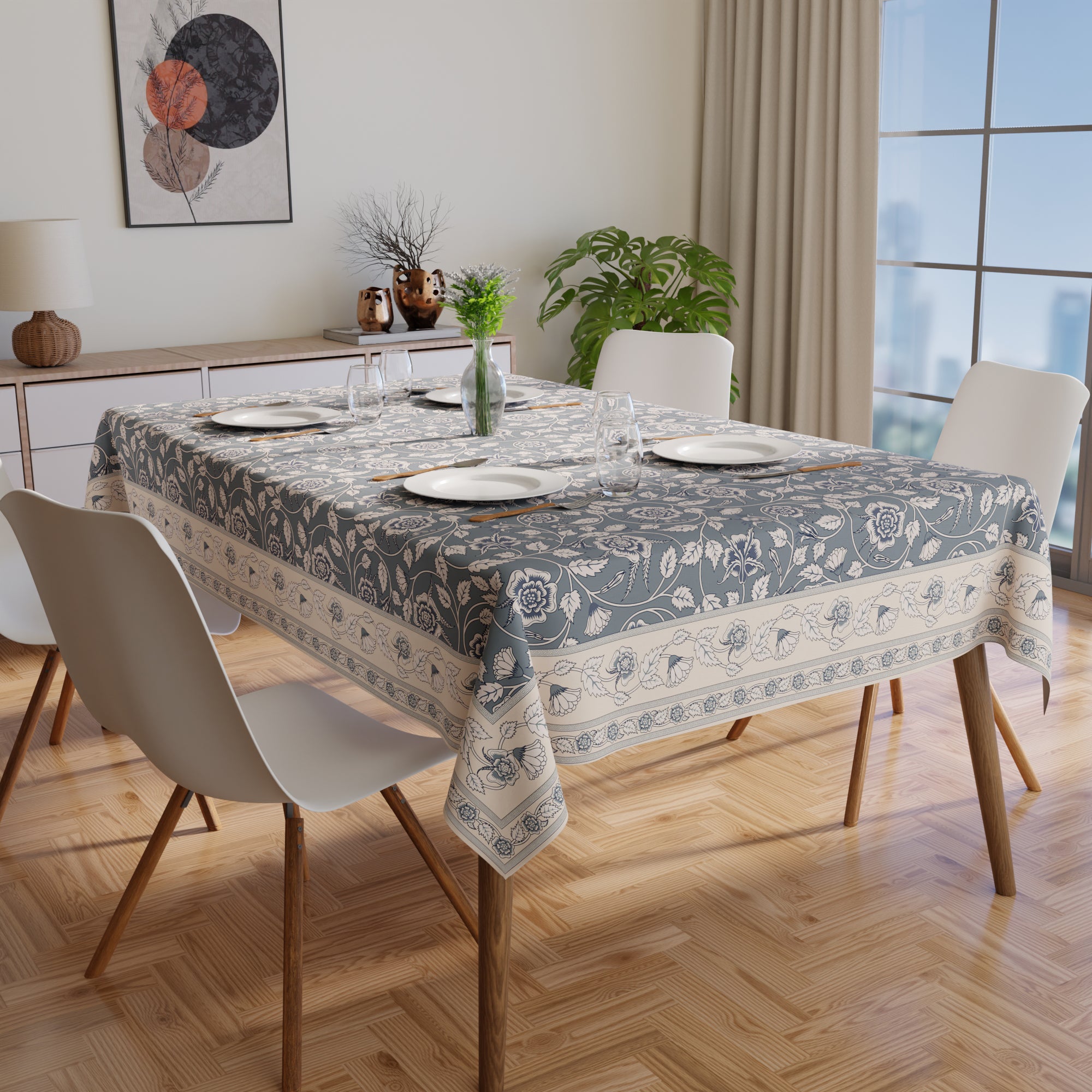 Polyester French Grey Printed Table Cloth (Pack of 1)