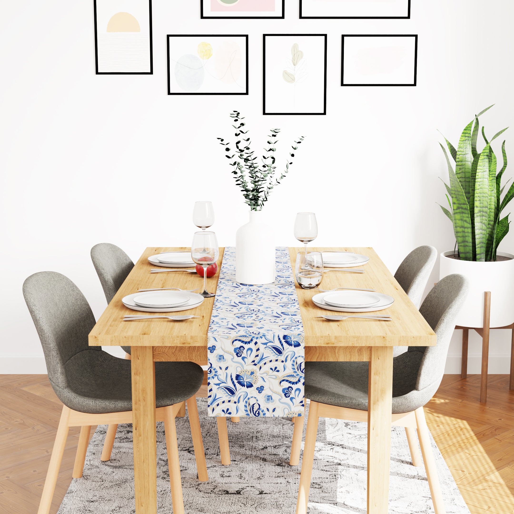 Water Repellent Polyester Chintz Blue Table Runner