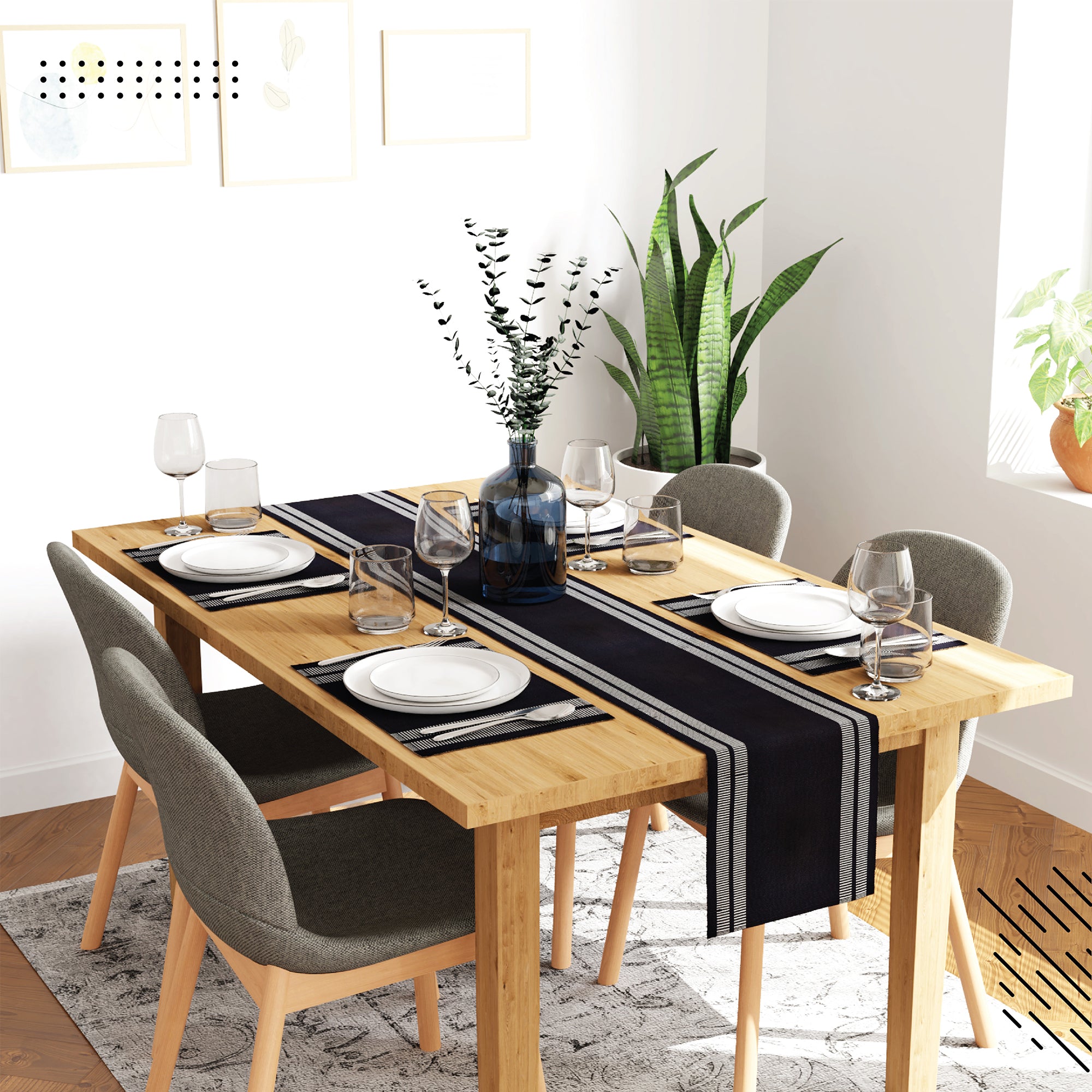 Cotton Ladder Black Table Runner+Placemat (Pack of 5)
