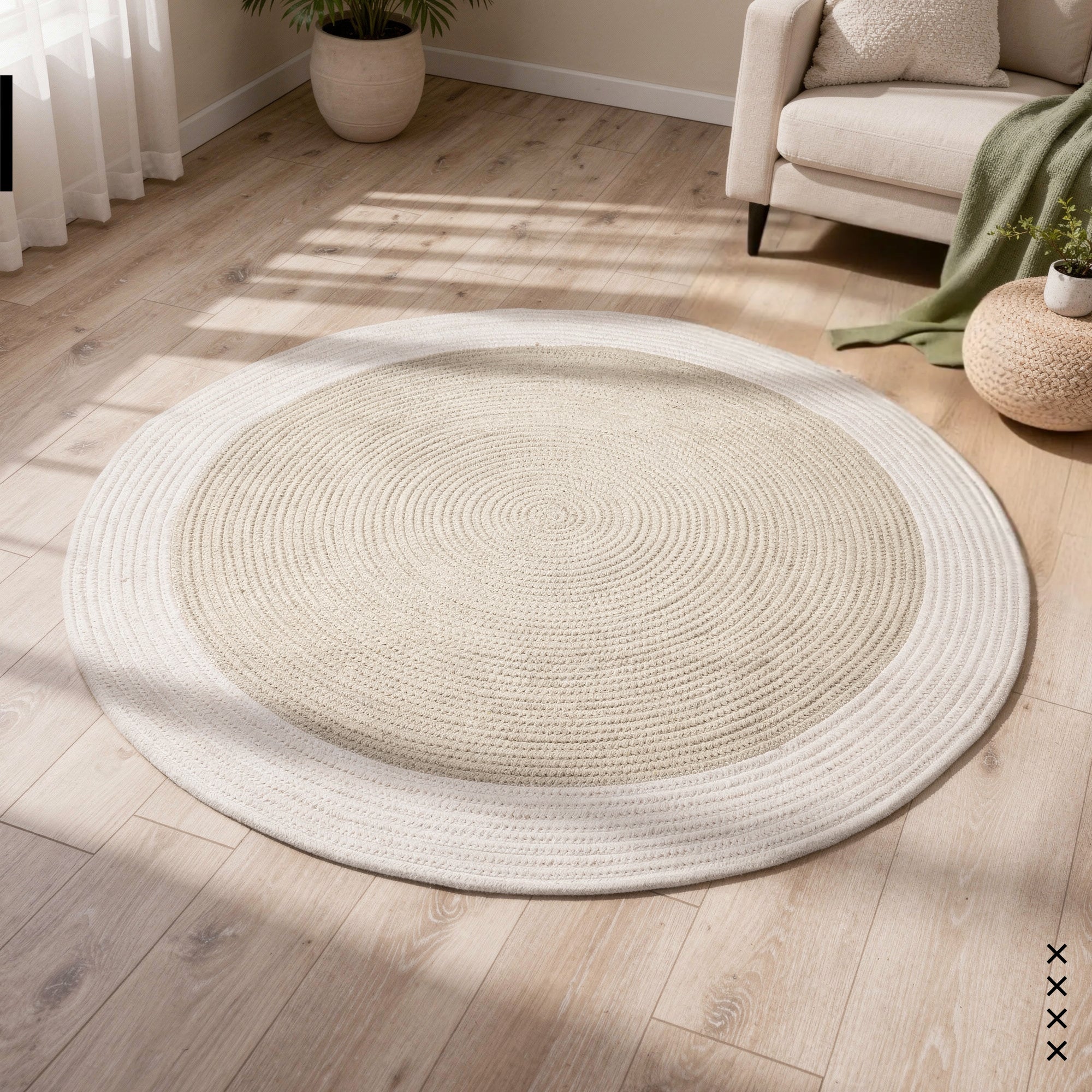Reversible Round Rug Handwoven Natural Fiber Carpet Braided Area Rug | Neutral Boho Rug for Living Room, Bedroom, Nursery | Washable Area Rug Two Tone