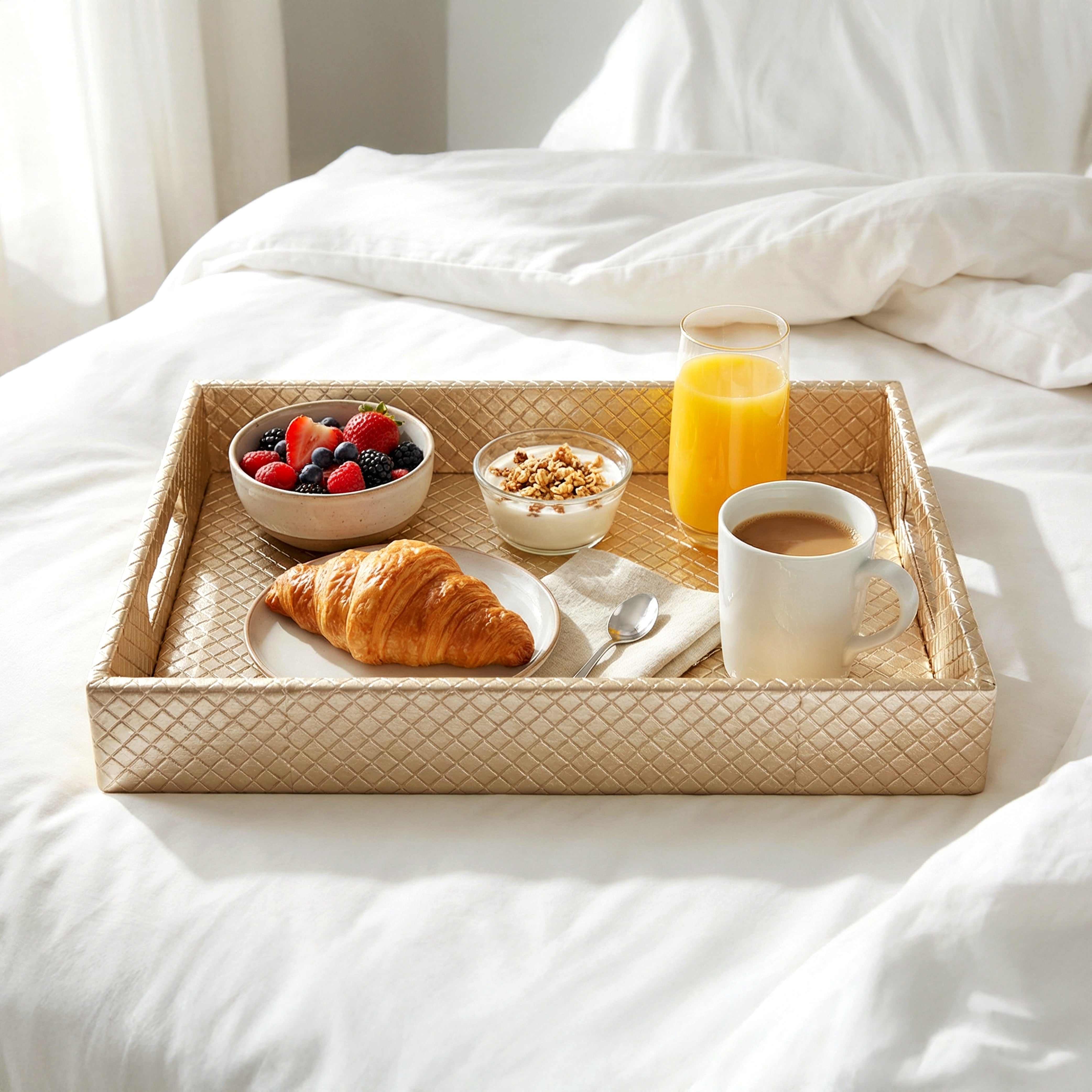 Leather Light Gold Leather Serving Tray Combo