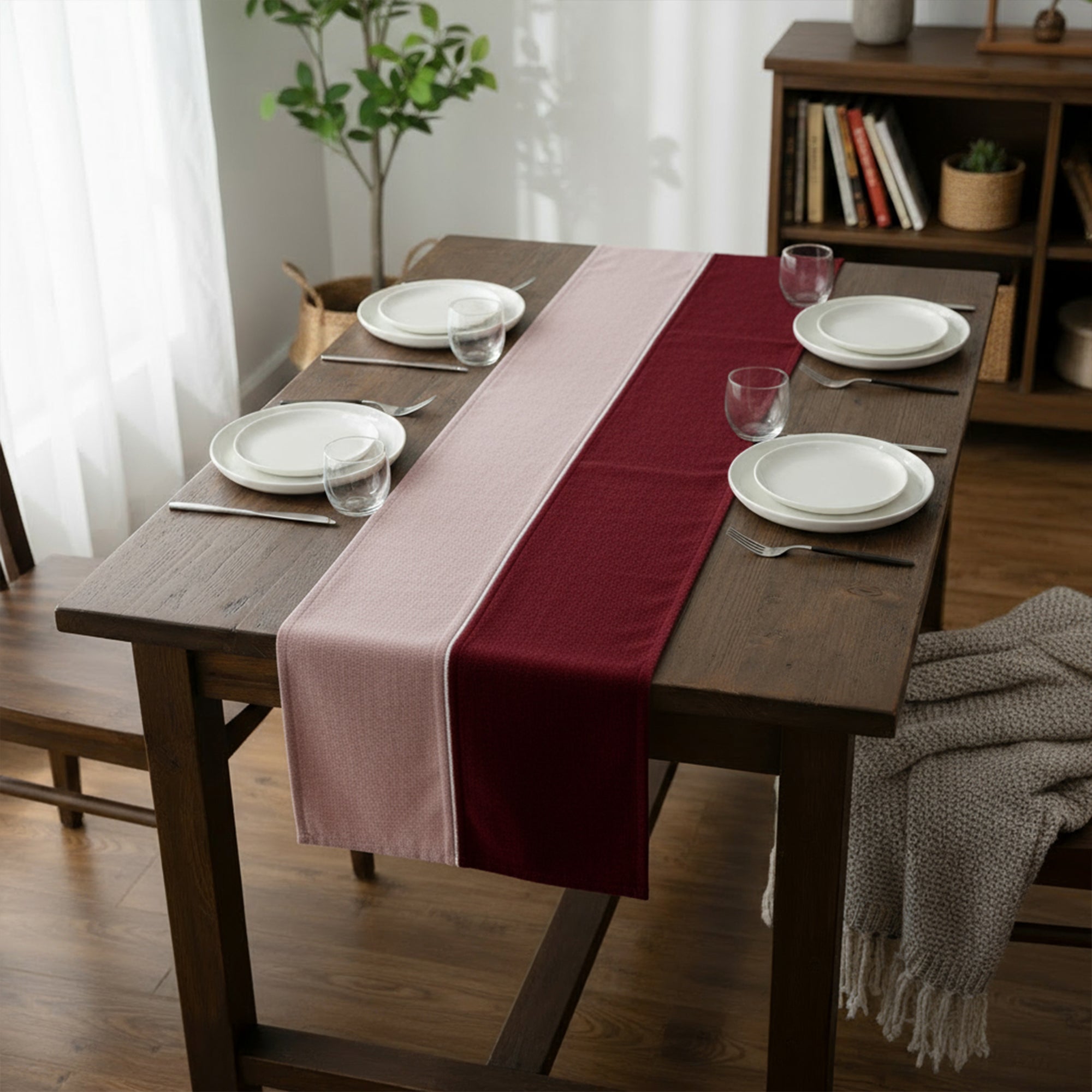 Cotton Buff & Maroon Table Runner (Pack of 1)