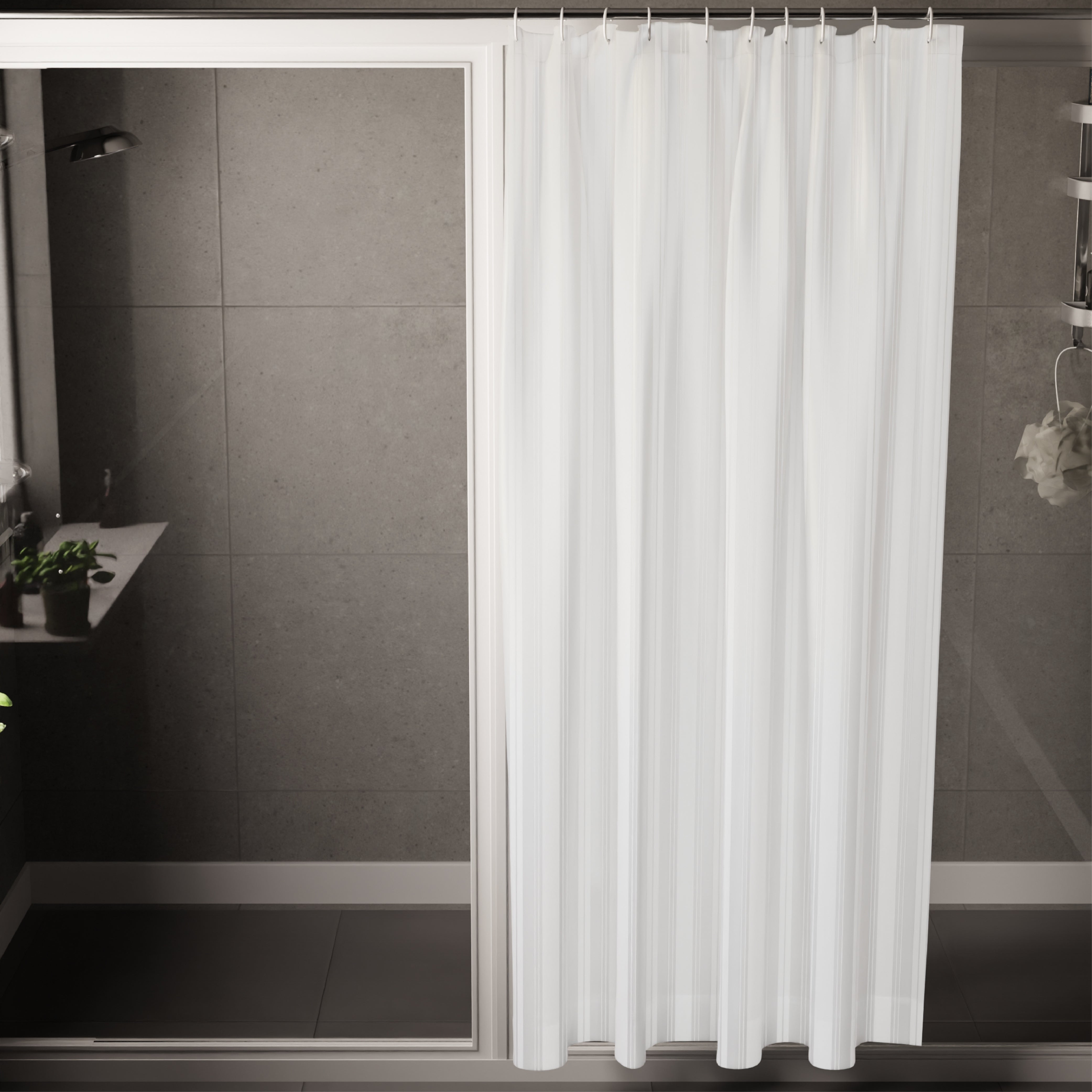 Polyester Stripe White Shower Curtain (Pack of 1)