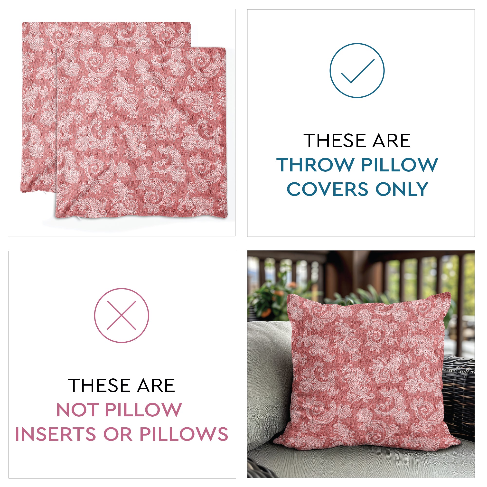 Chambray Cotton Floral Red Cushion Cover (Pack of 2)