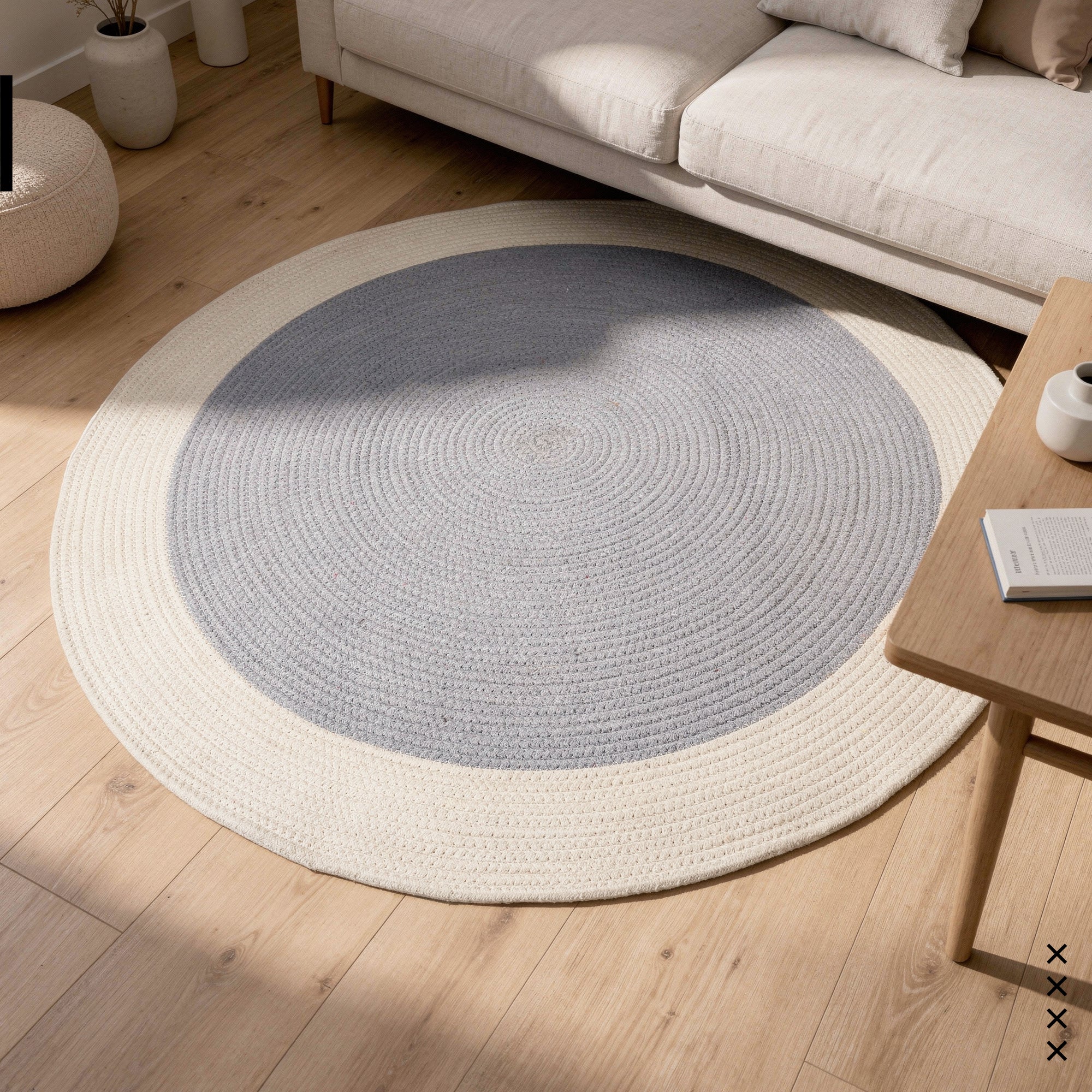 Reversible Round Rug Handwoven Natural Fiber Carpet Braided Area Rug | Neutral Boho Rug for Living Room, Bedroom, Nursery | Washable Area Rug Two Tone