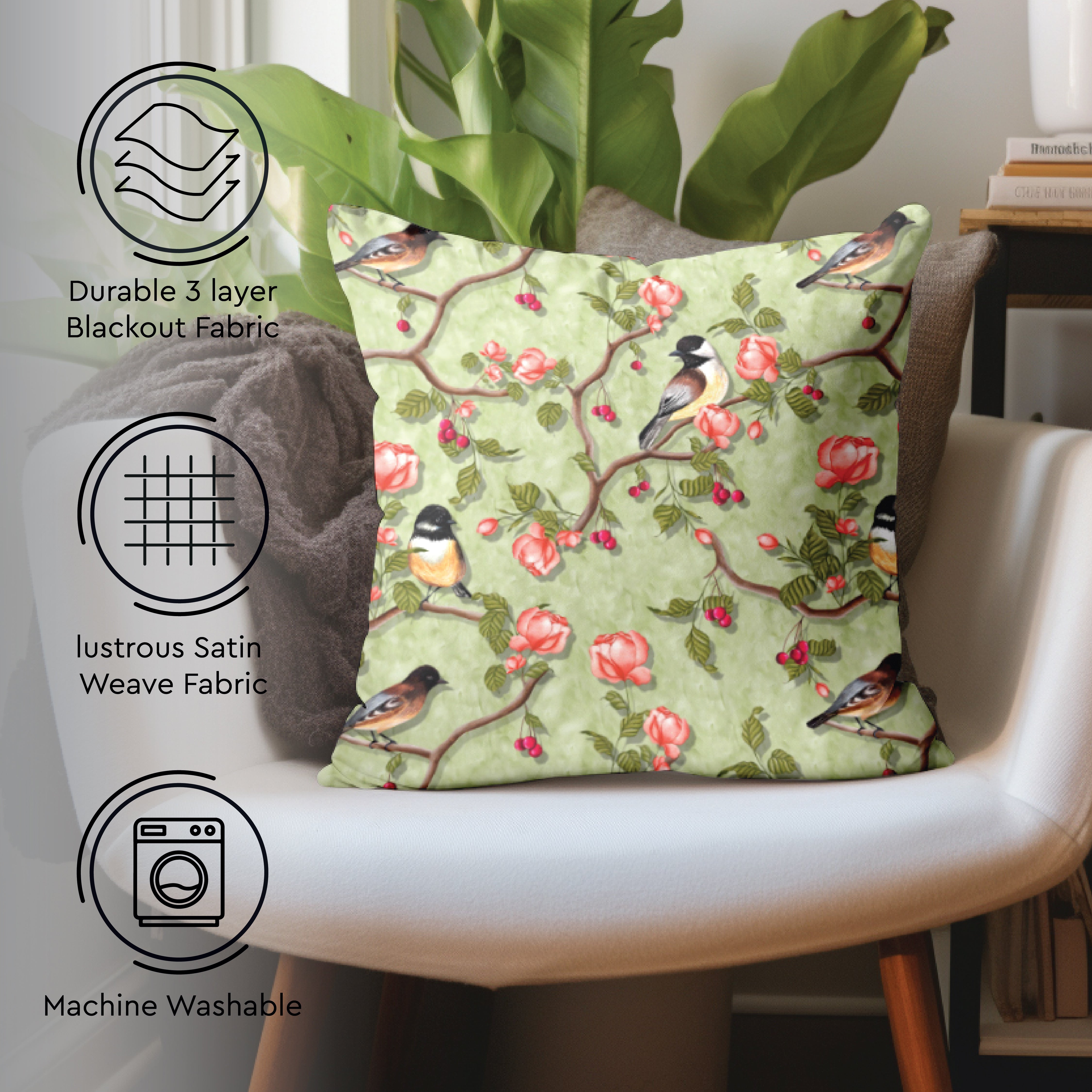 Blackout Polyester Sage Green Birds Cushion Cover