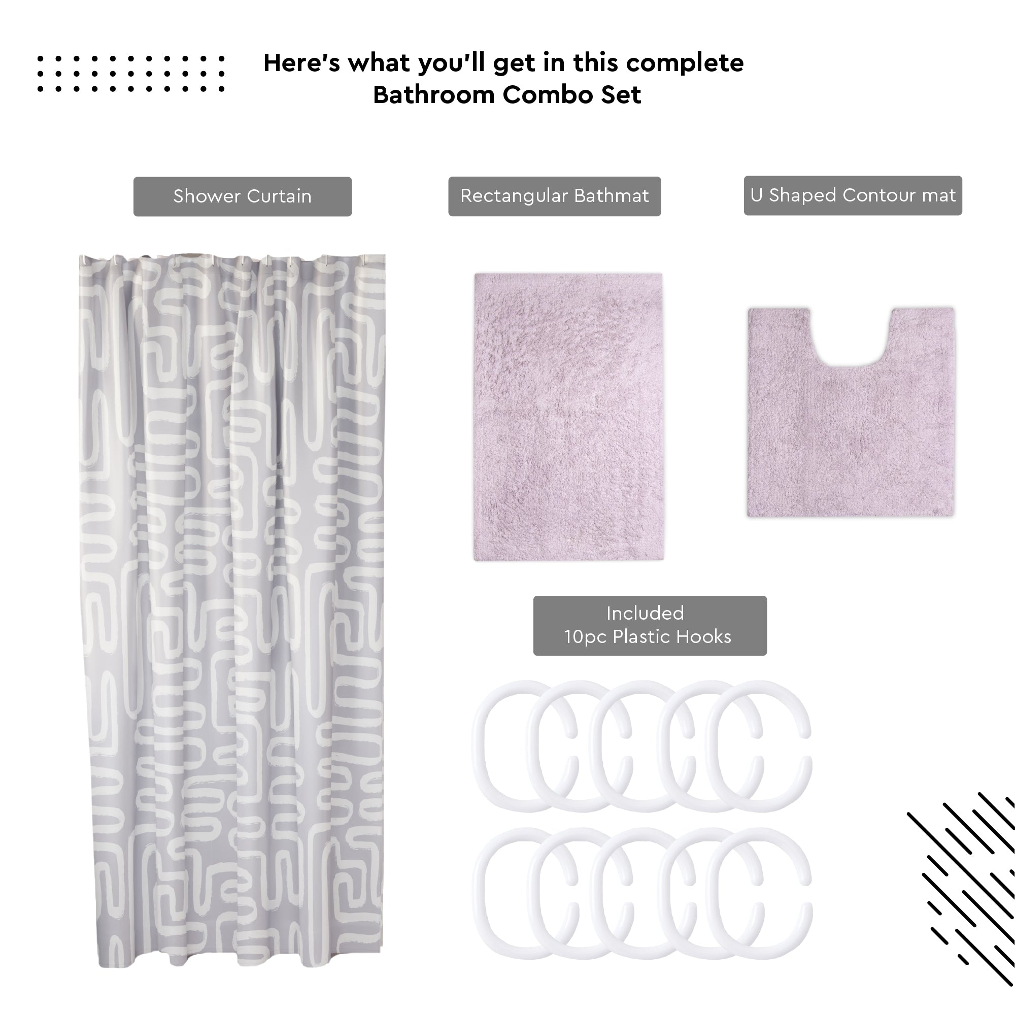 Polyester Maze Grey Combo Shower Curtain + Bathmat (Pack of 3)