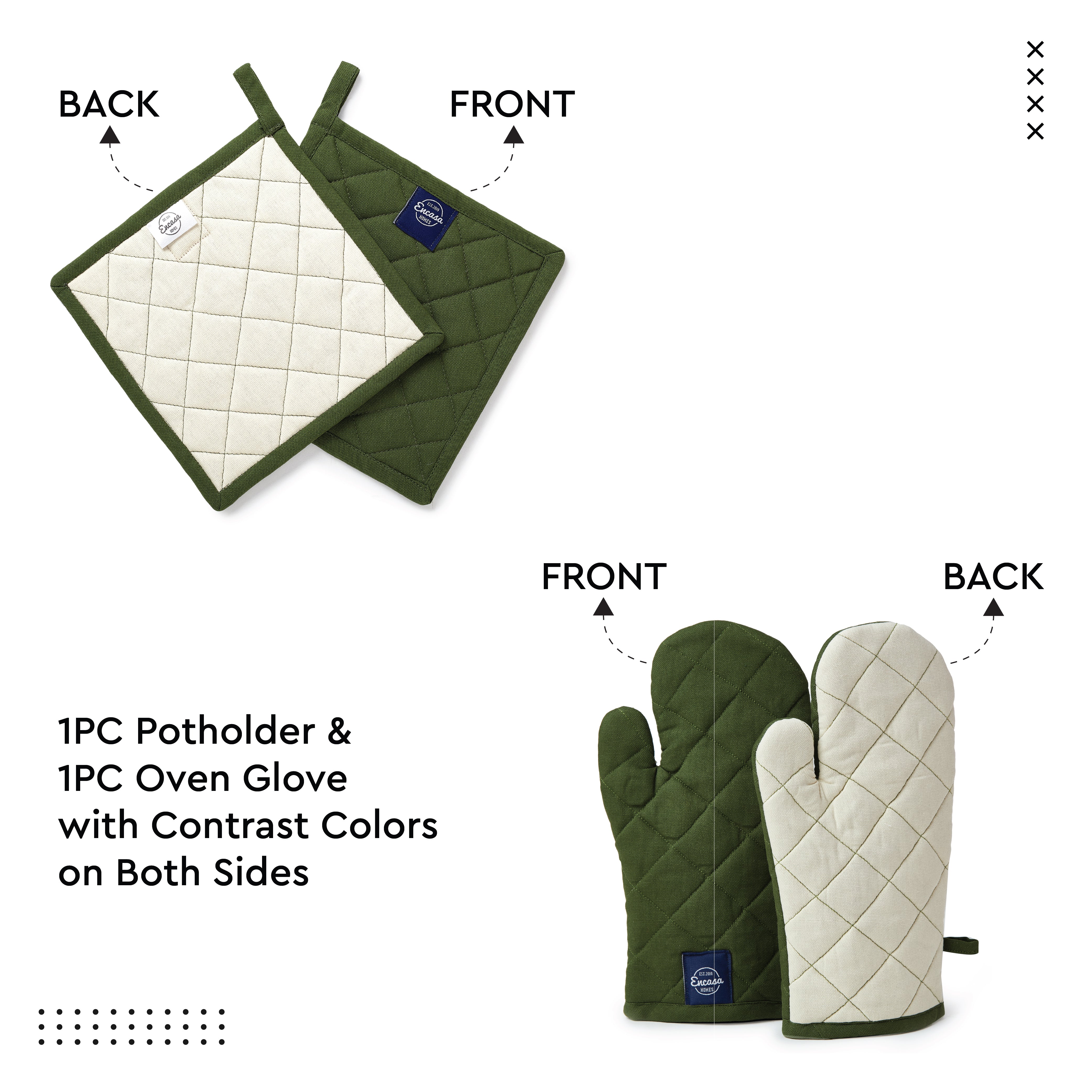 Cotton Leaf Green Apron + Oven Glove + Pot Holder (Pack of 3)