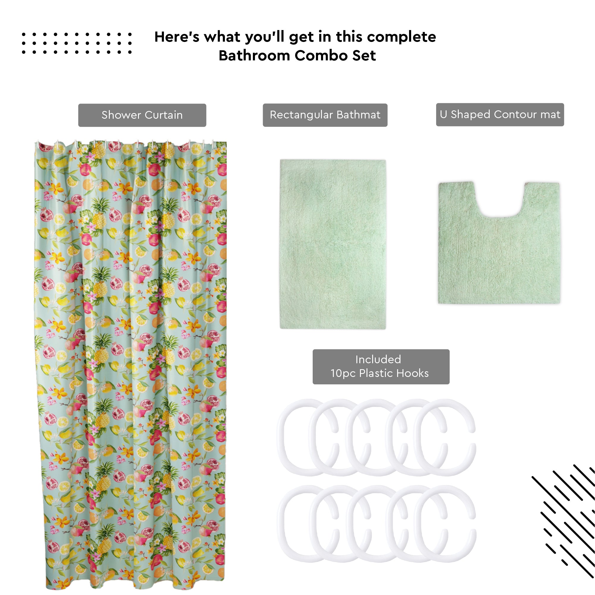 Polyester Pineapple Combo Shower Curtain + Bathmat (Pack of 3)