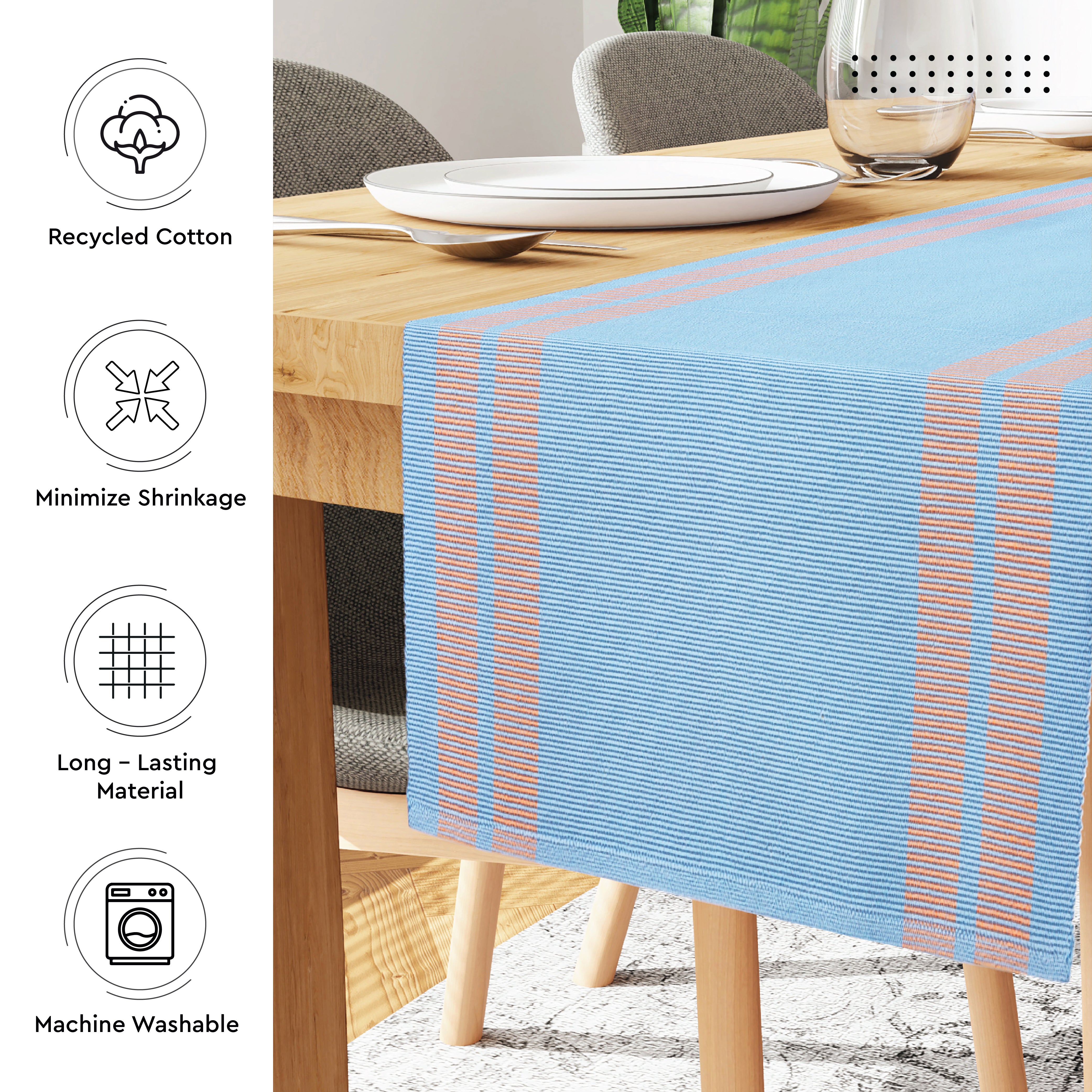 Cotton Ladder Blue Table Runner+Placemat (Pack of 5)
