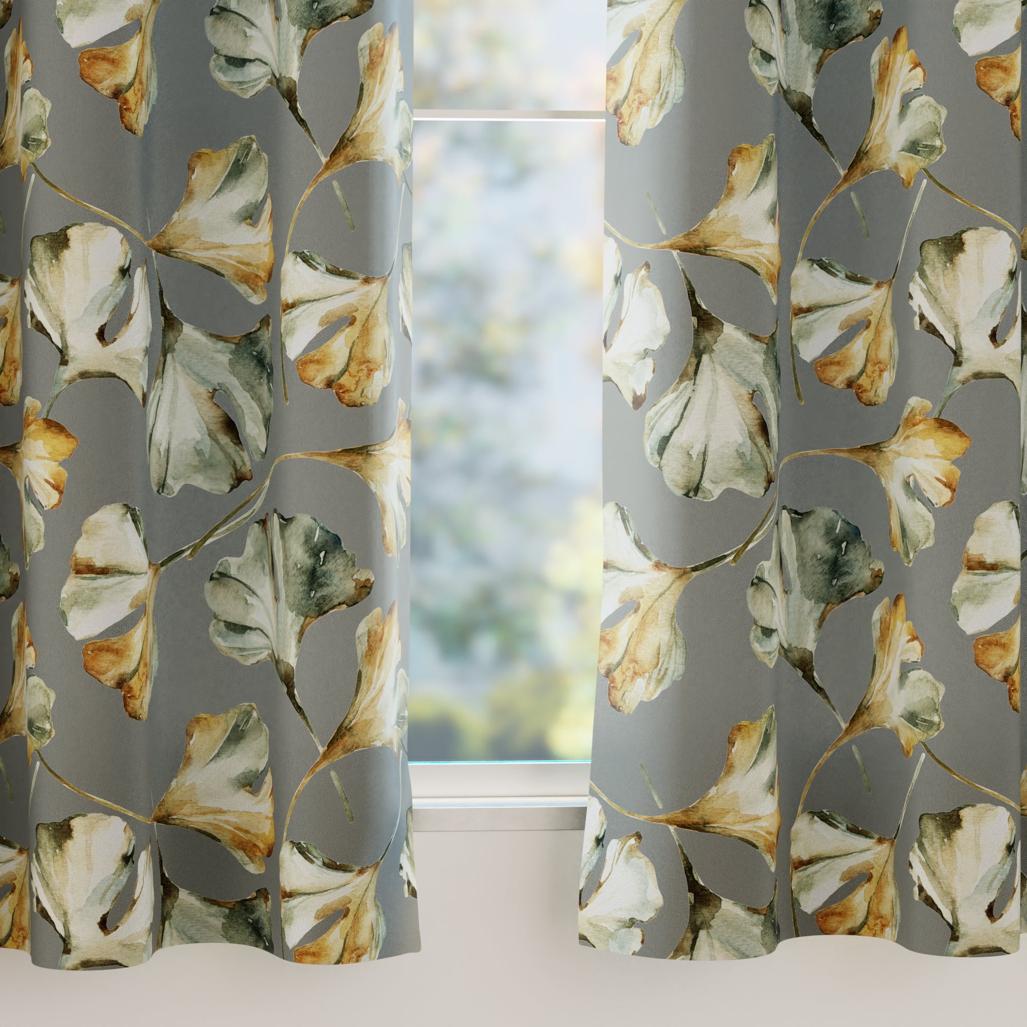 Blackout Polyester Gingko Grey Curtain (Pack of 2)