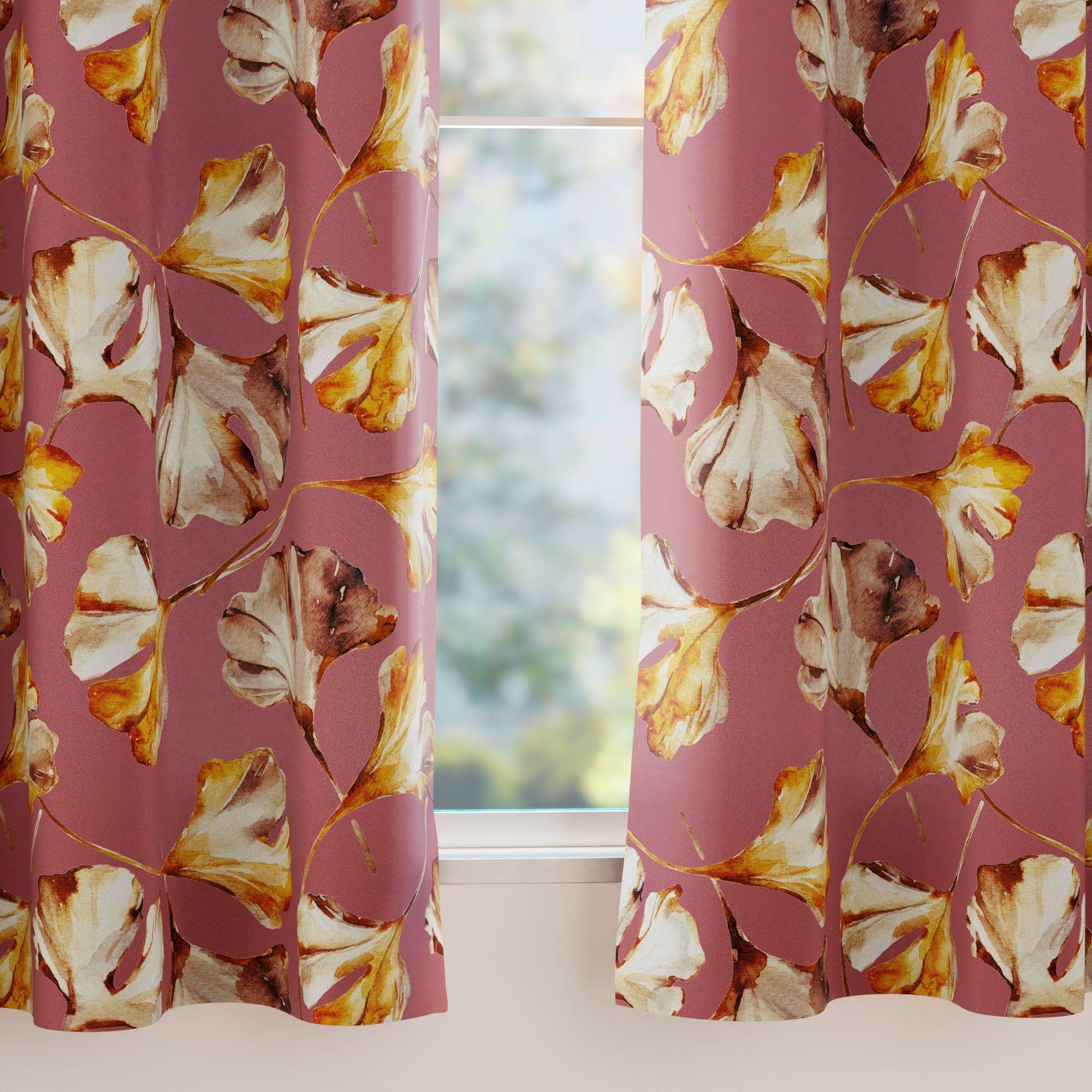 Blackout Polyester Gingko Plum Curtain (Pack of 2)