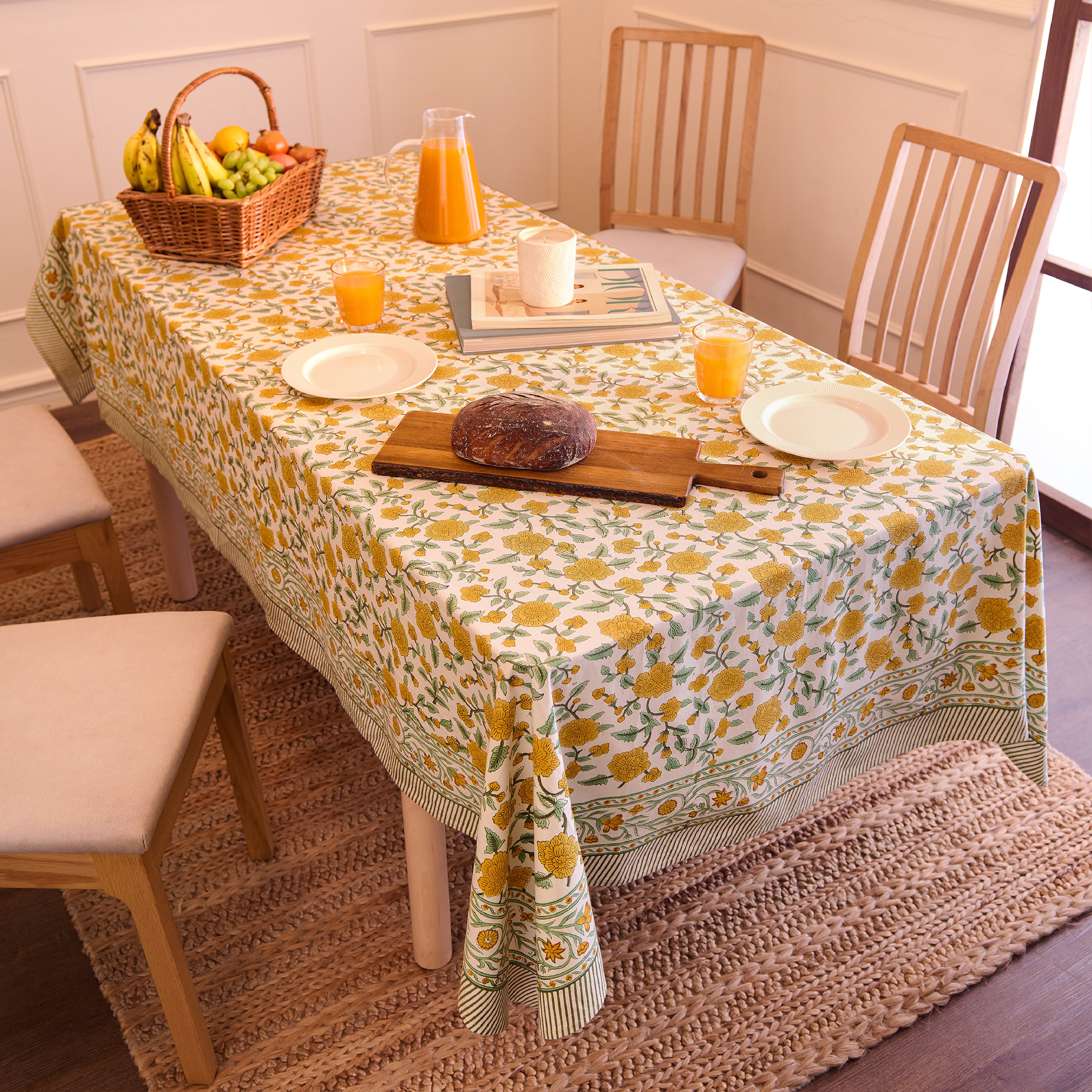 Jaipuri Hand block Print Cotton Yellow Tablecloth