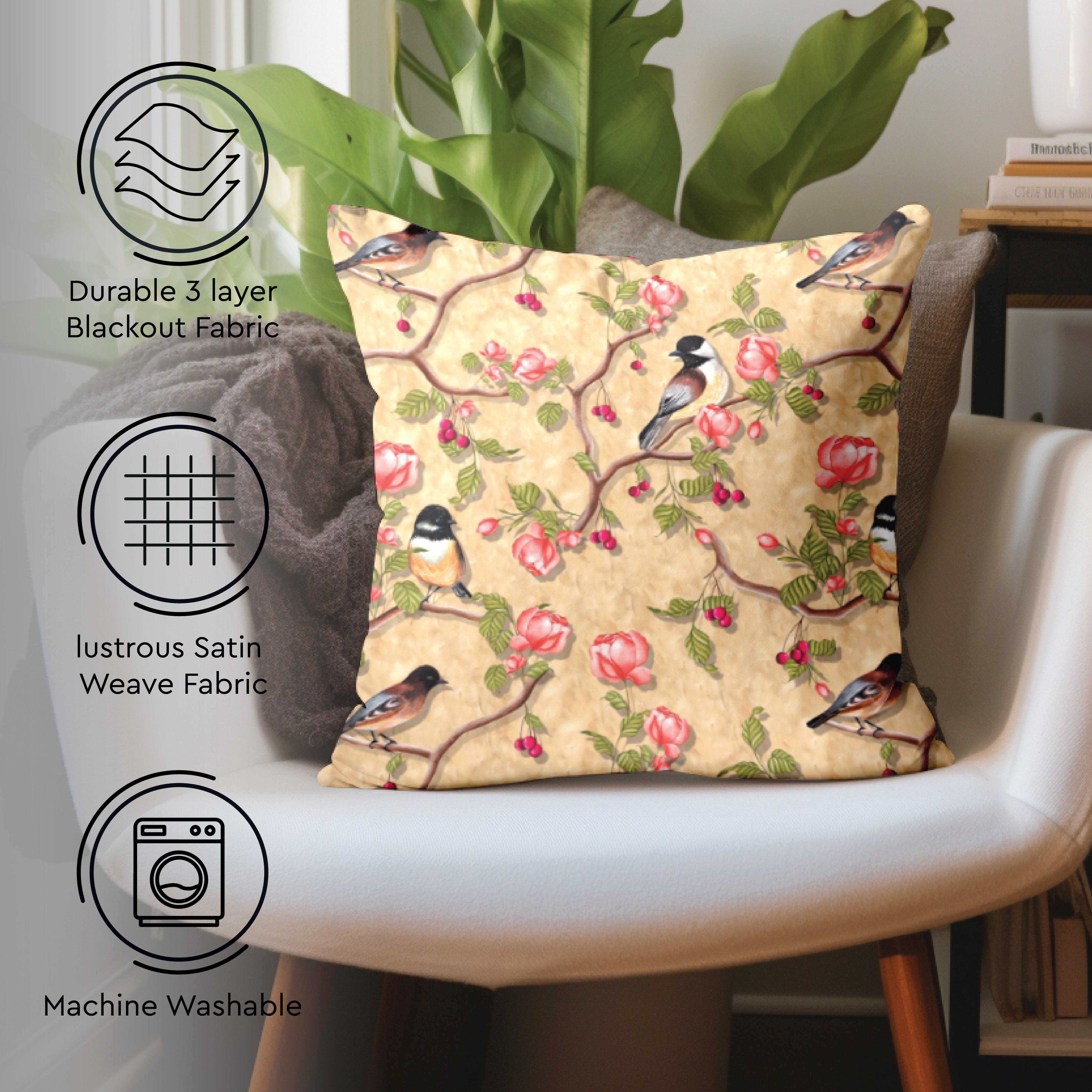 Blackout Polyester Pale Gold Birds Cushion Cover