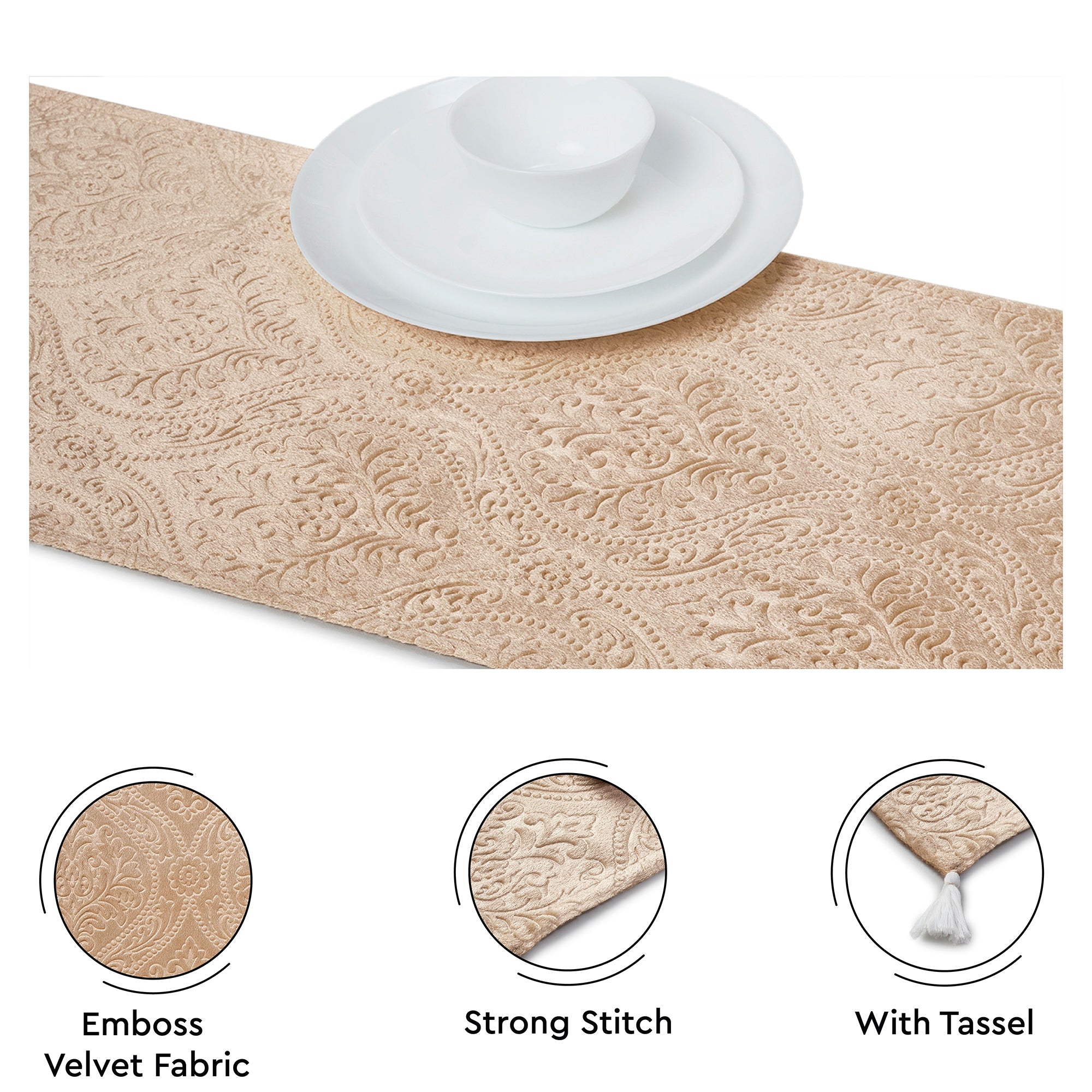 Embossed Velvet Beige Table Runner