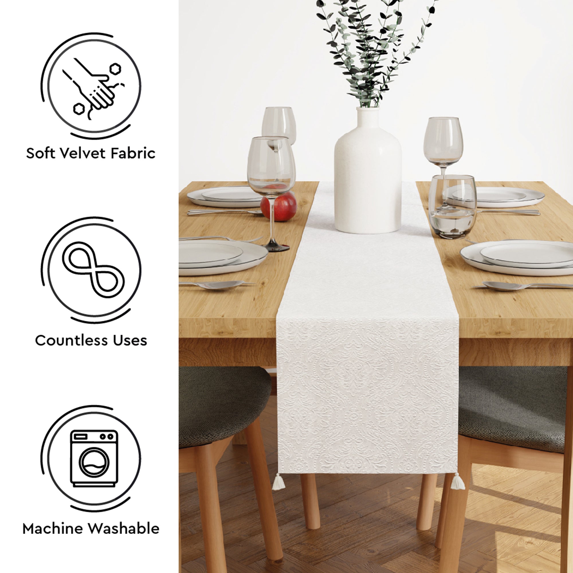 Embossed Velvet White Table Runner