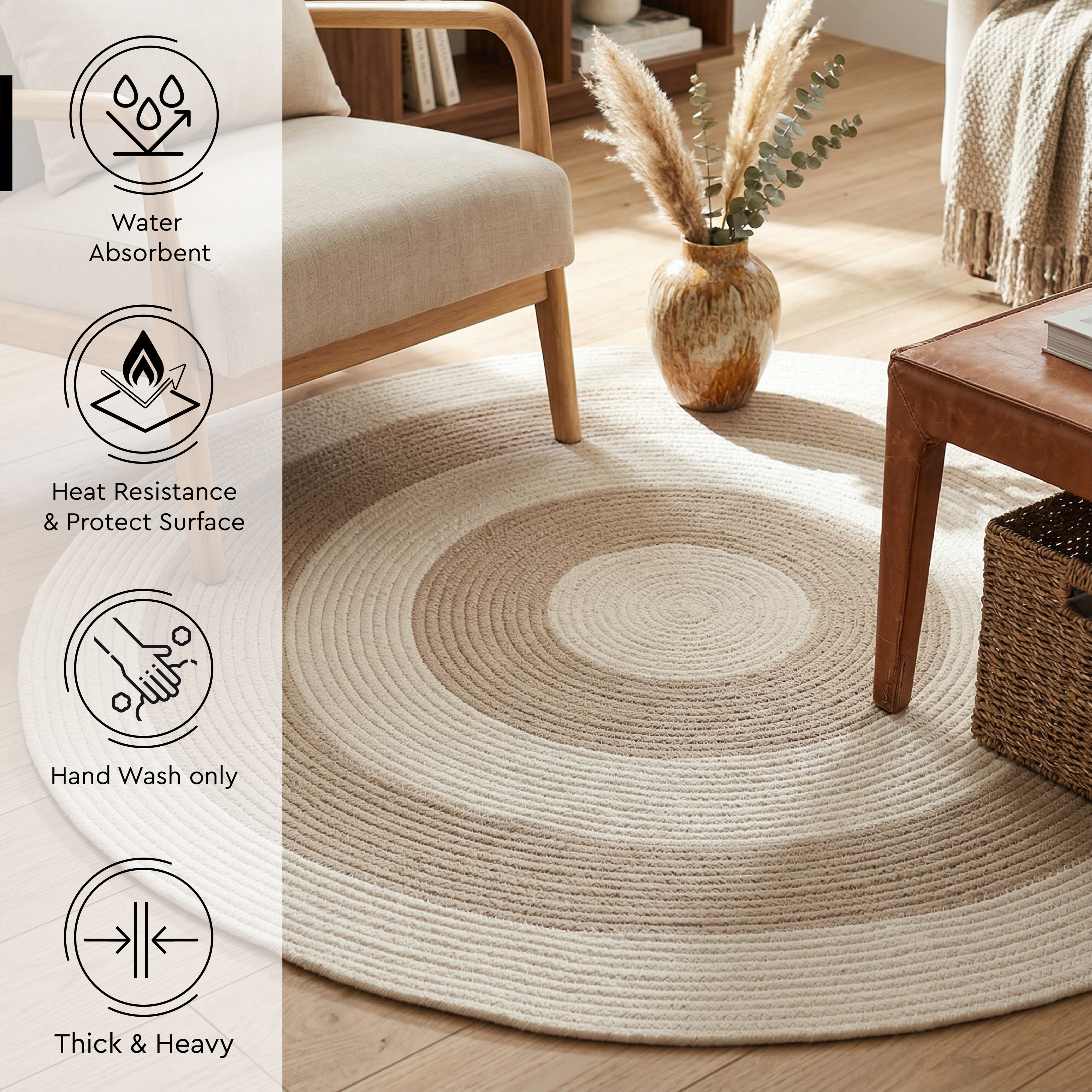Reversible Round Rug Handwoven Natural Fiber Carpet Braided Area Rug | Neutral Boho Rug for Living Room, Bedroom, Nursery | Washable Area Rug Two Tone