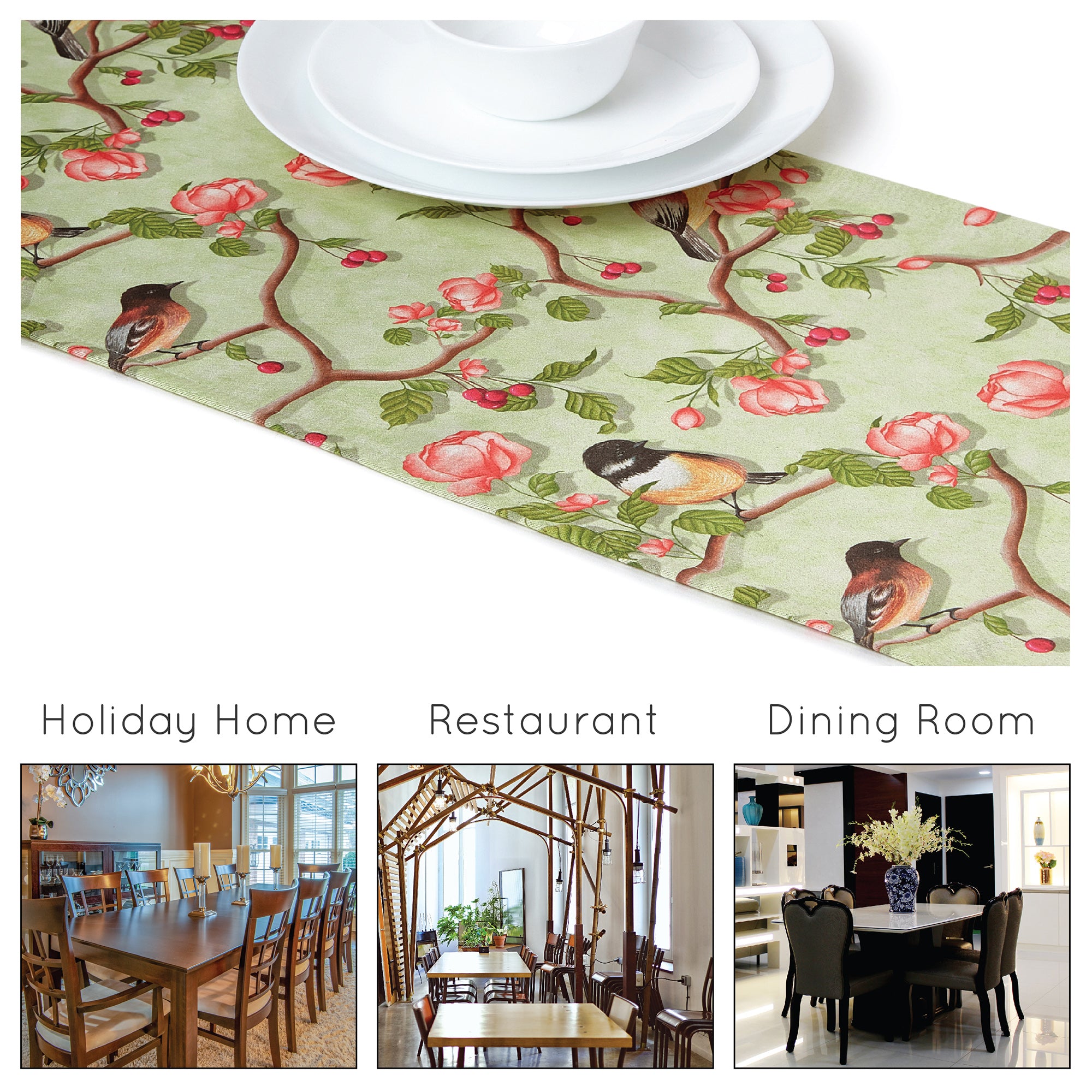 Blackout Polyester Sage Green Birds Table Runner