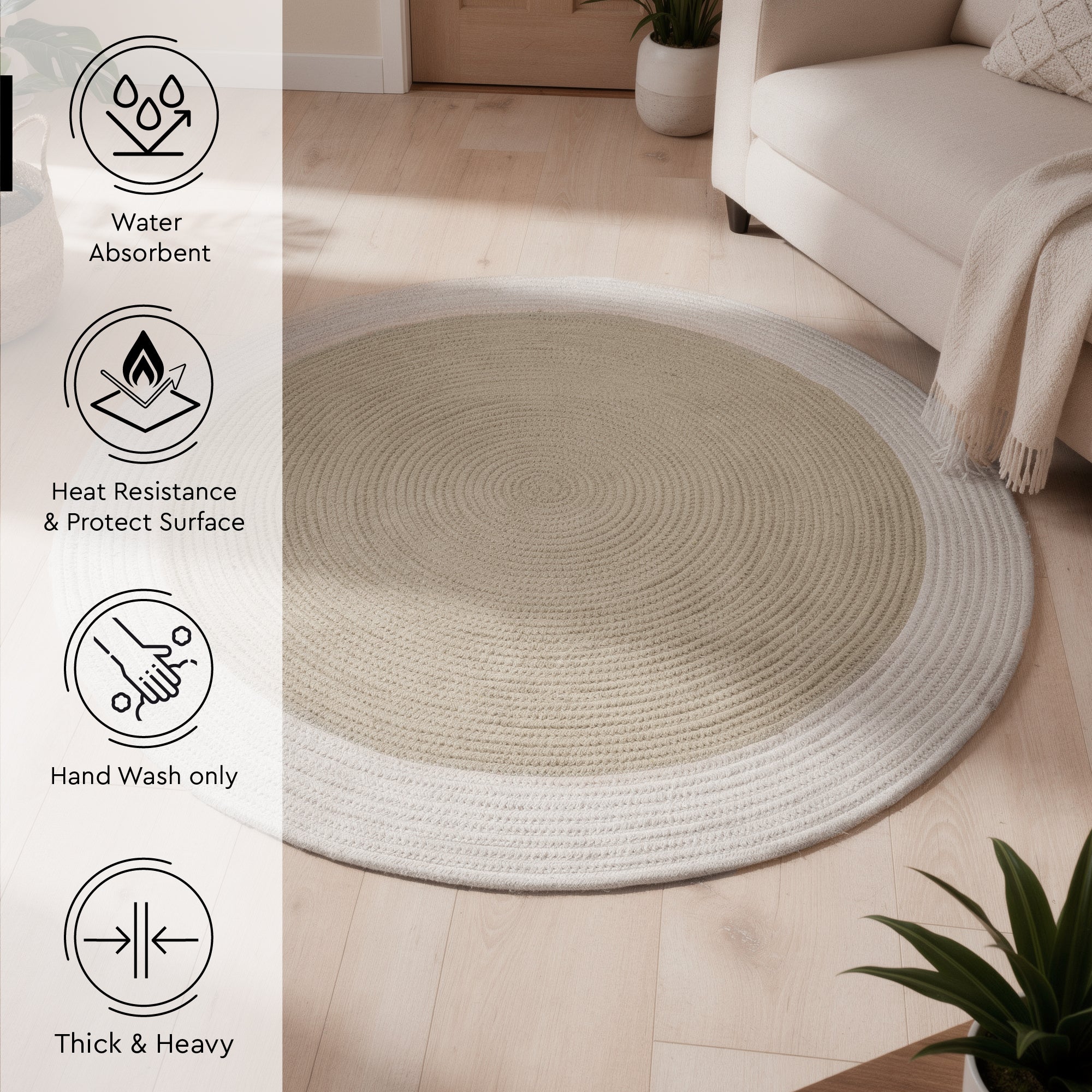 Reversible Round Rug Handwoven Natural Fiber Carpet Braided Area Rug | Neutral Boho Rug for Living Room, Bedroom, Nursery | Washable Area Rug Two Tone