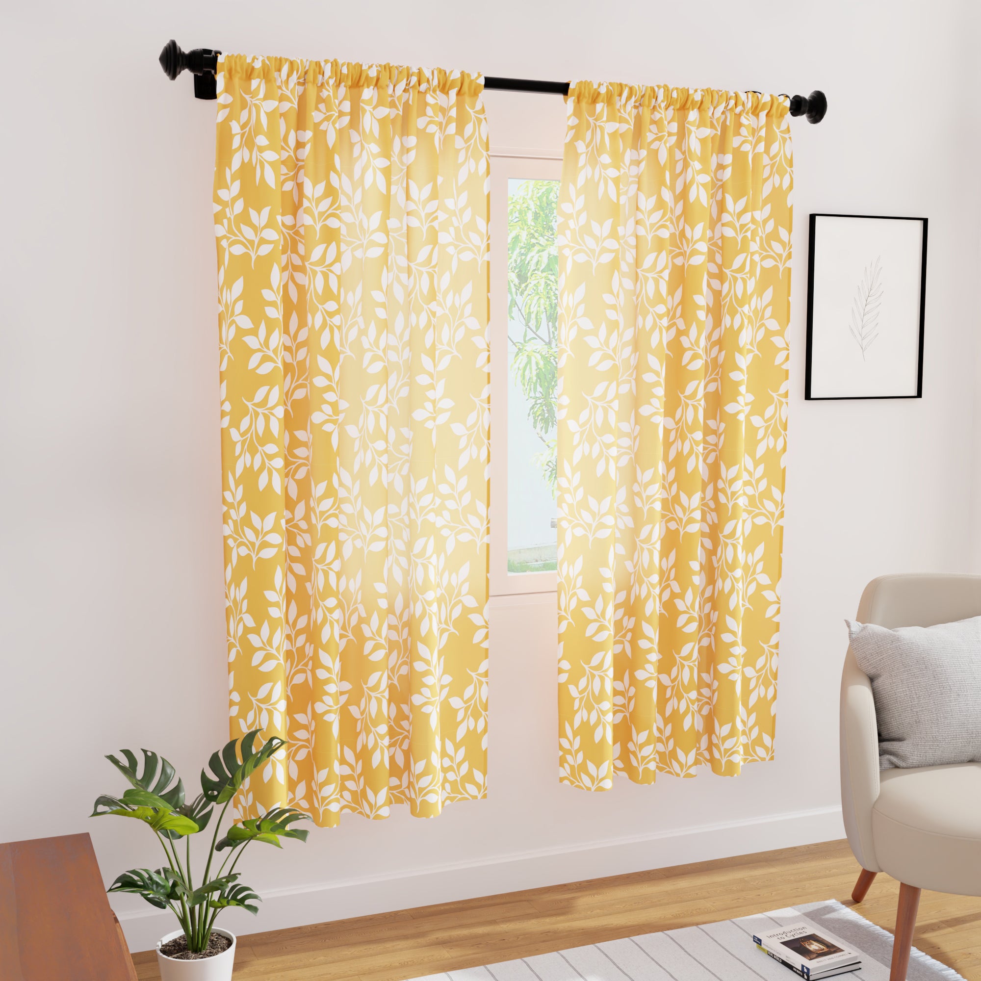 Polyester Reverse Leaf Yellow Curtain (Pack of 2)