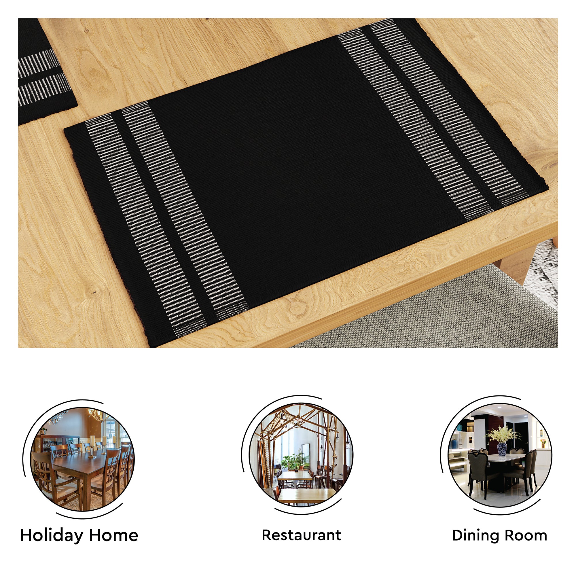 Cotton Ladder Black Table Runner+Placemat (Pack of 5)