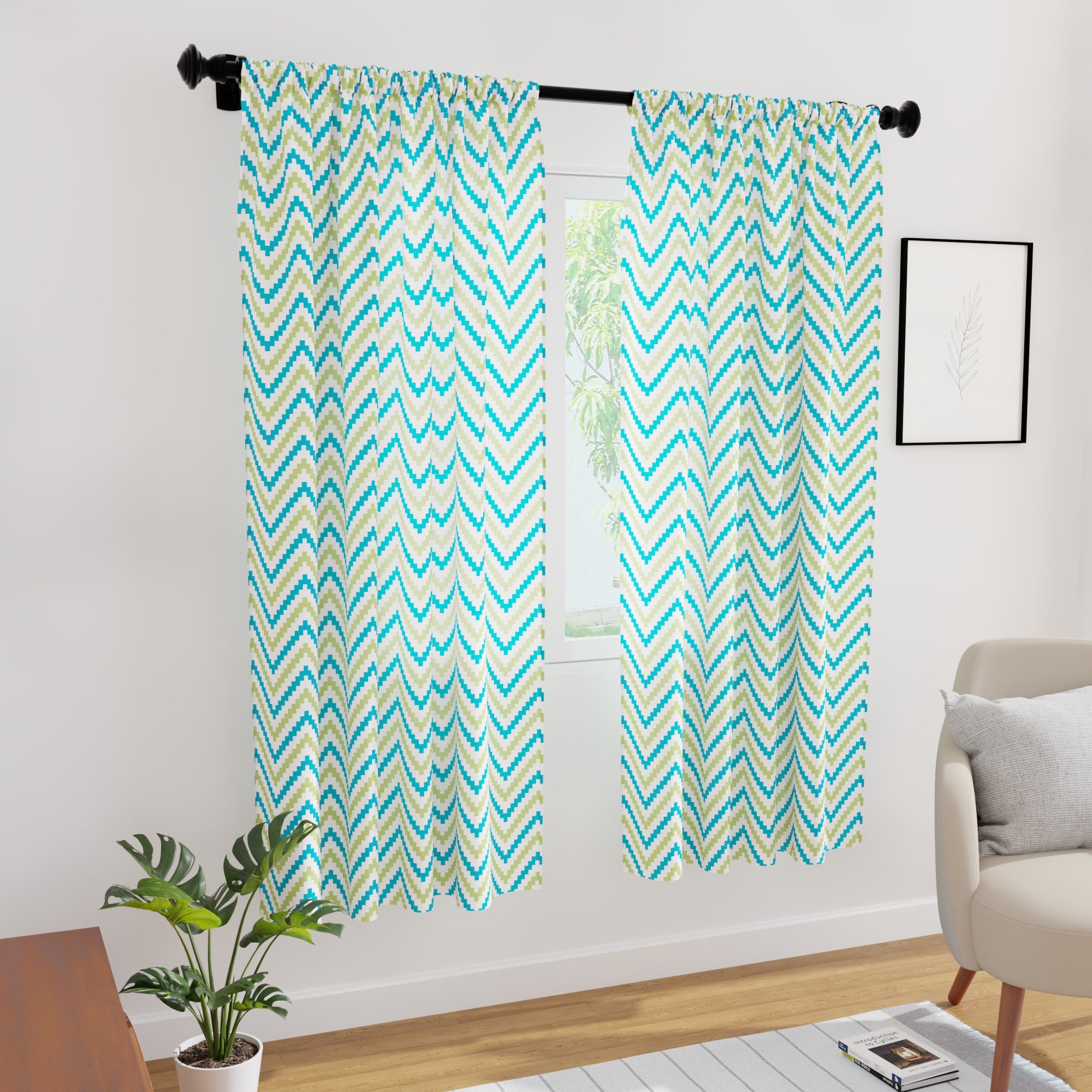 Polyester Chevron 1 Green Curtain (Pack of 2)