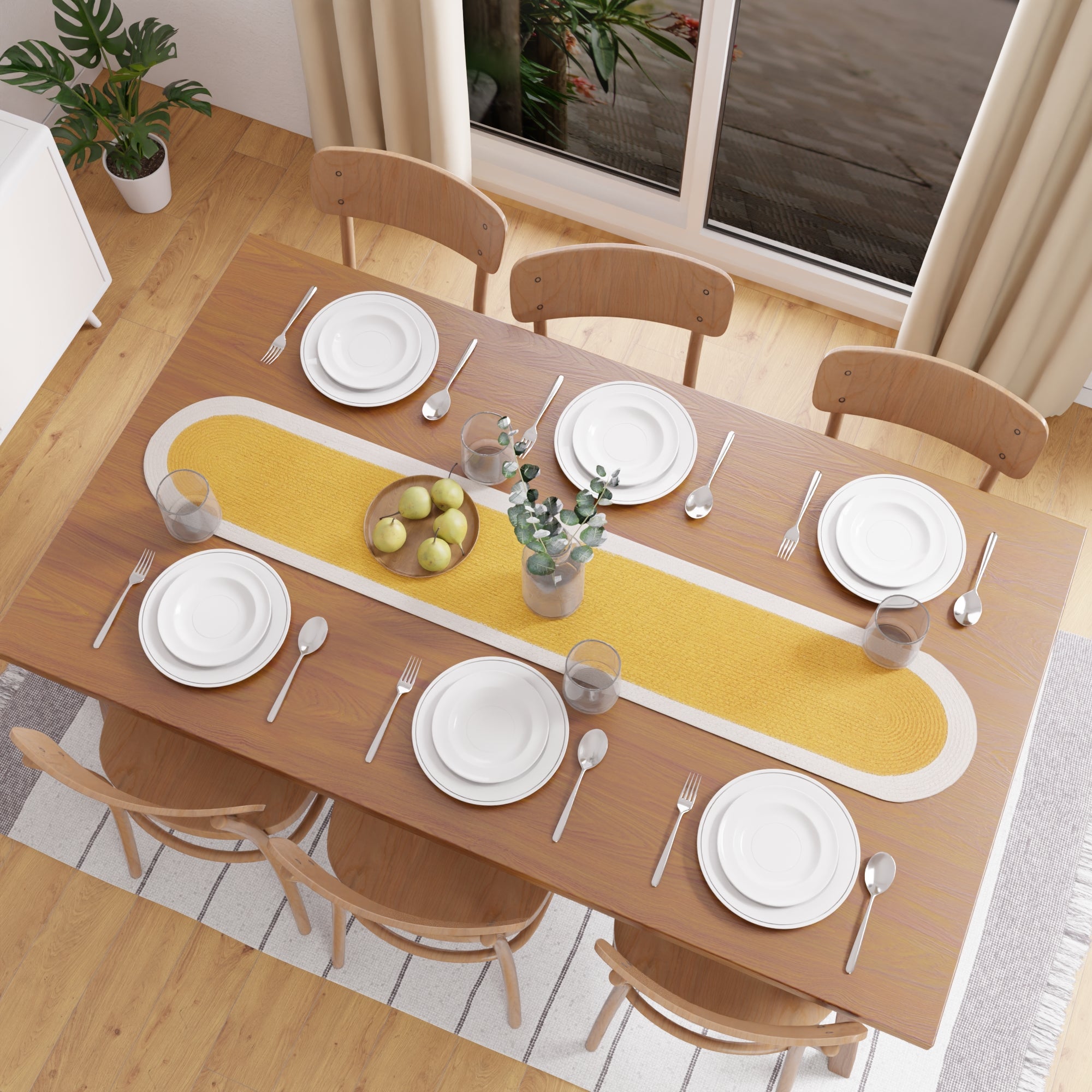Cotton Yellow & Off White Table Runner (Pack of 1)