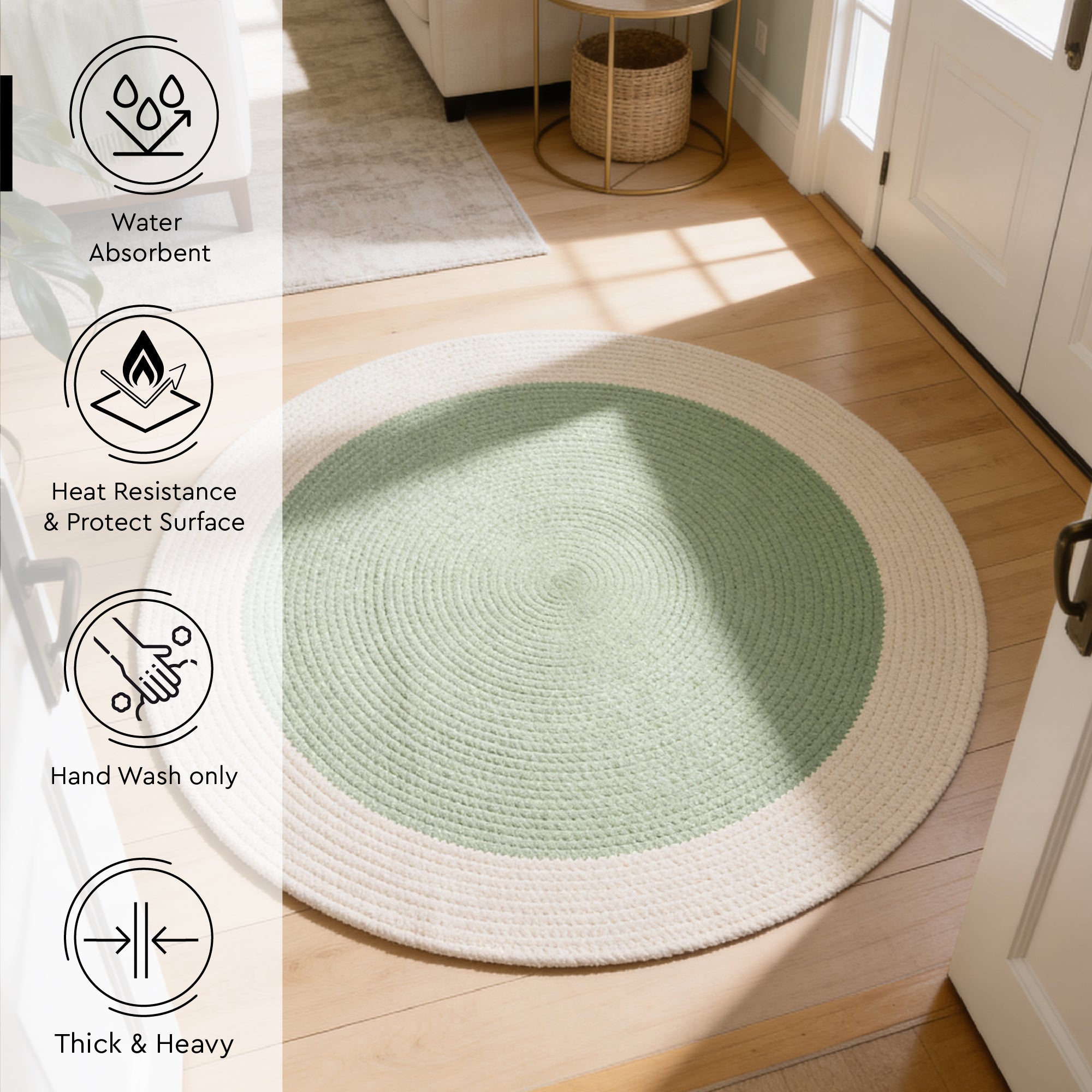 Reversible Round Rug Handwoven Natural Fiber Carpet Braided Area Rug | Neutral Boho Rug for Living Room, Bedroom, Nursery | Washable Area Rug Two Tone