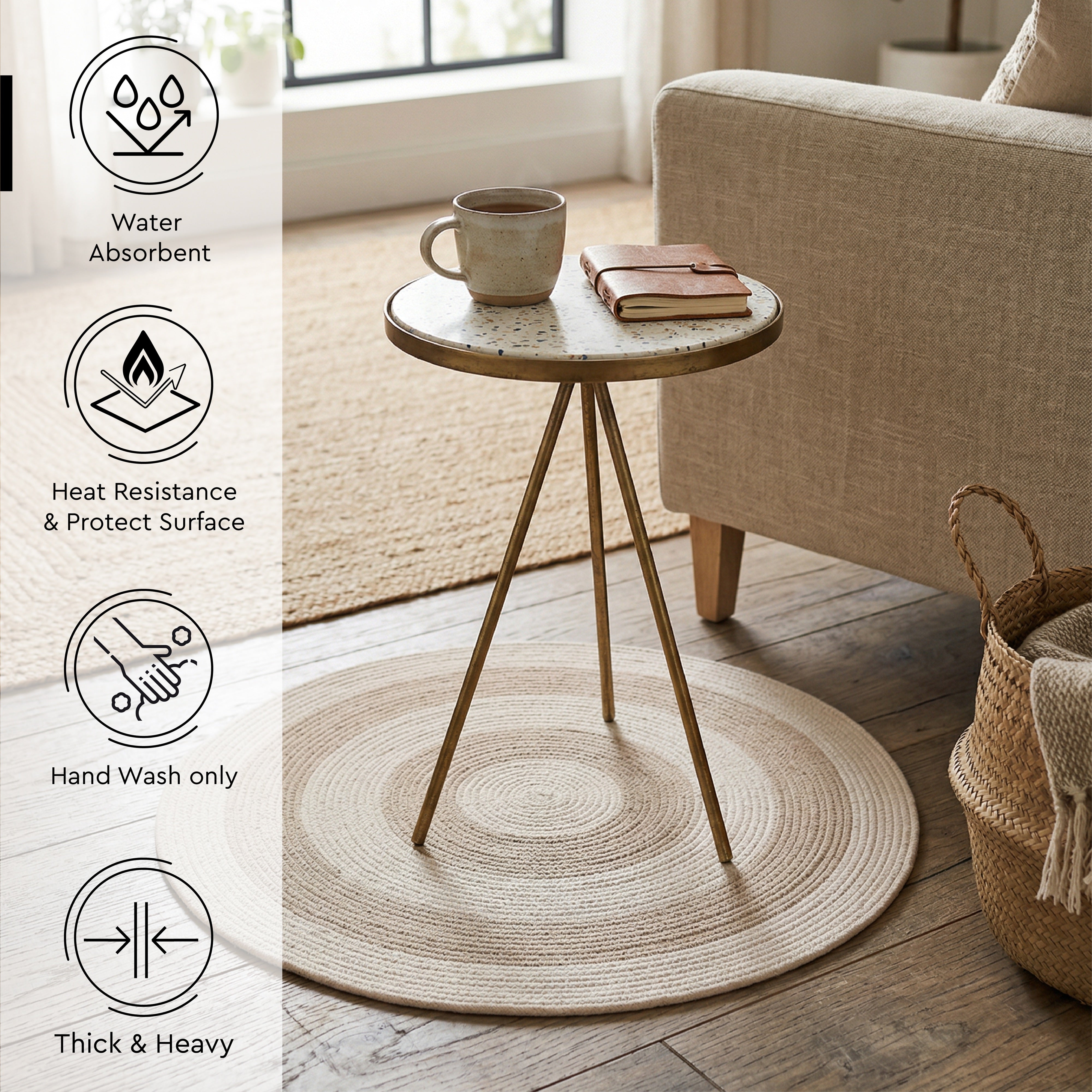 Reversible Round Rug Handwoven Natural Fiber Carpet Braided Area Rug | Neutral Boho Rug for Living Room, Bedroom, Nursery | Washable Area Rug Two Tone