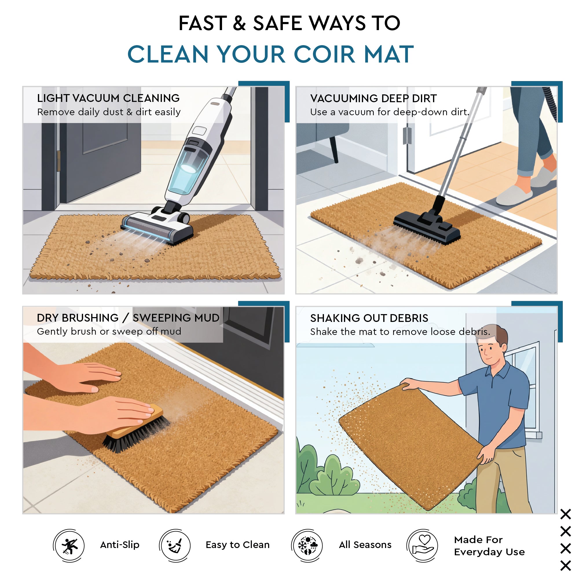 Coir Door Mats for Home Entrance Thick Anti-slip Welcome Doormat with PVC Back | Ideal for Indoor, Outdoor, Patio, Home and Office | Durable and Easy to Clean