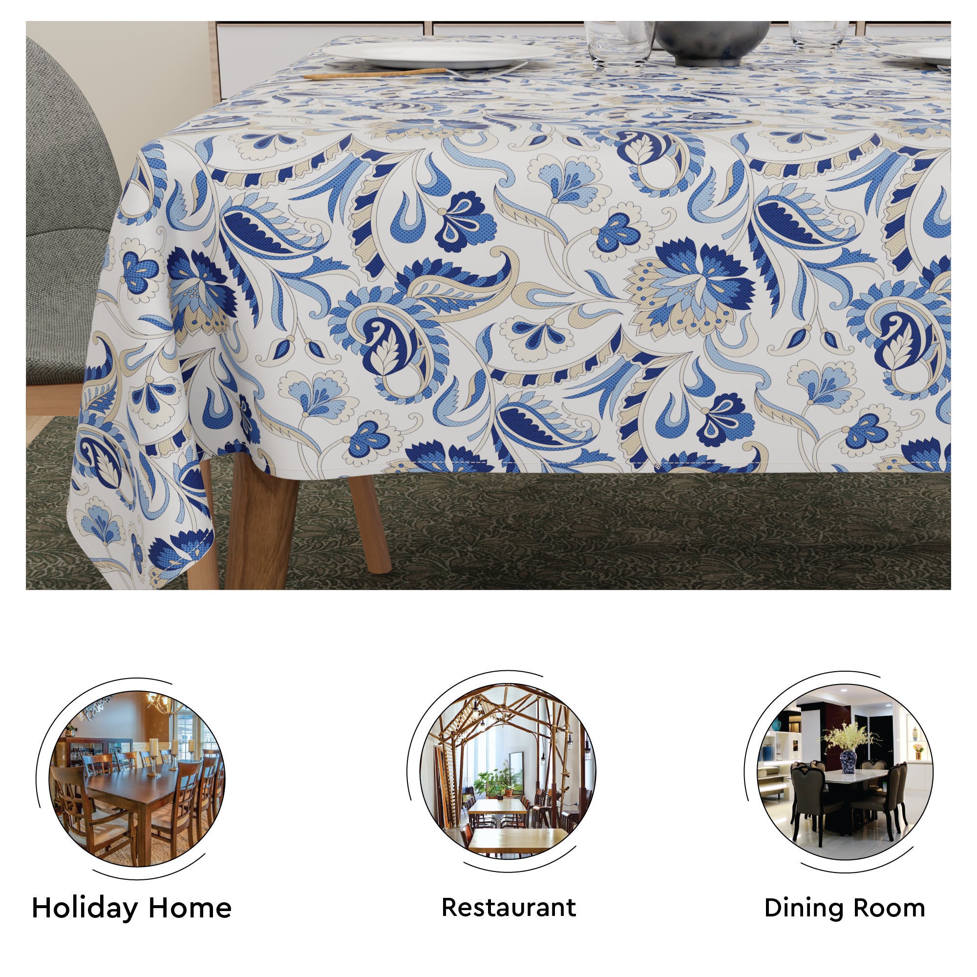 Polyester Chintz Blue Table Cloth (Pack of 1)