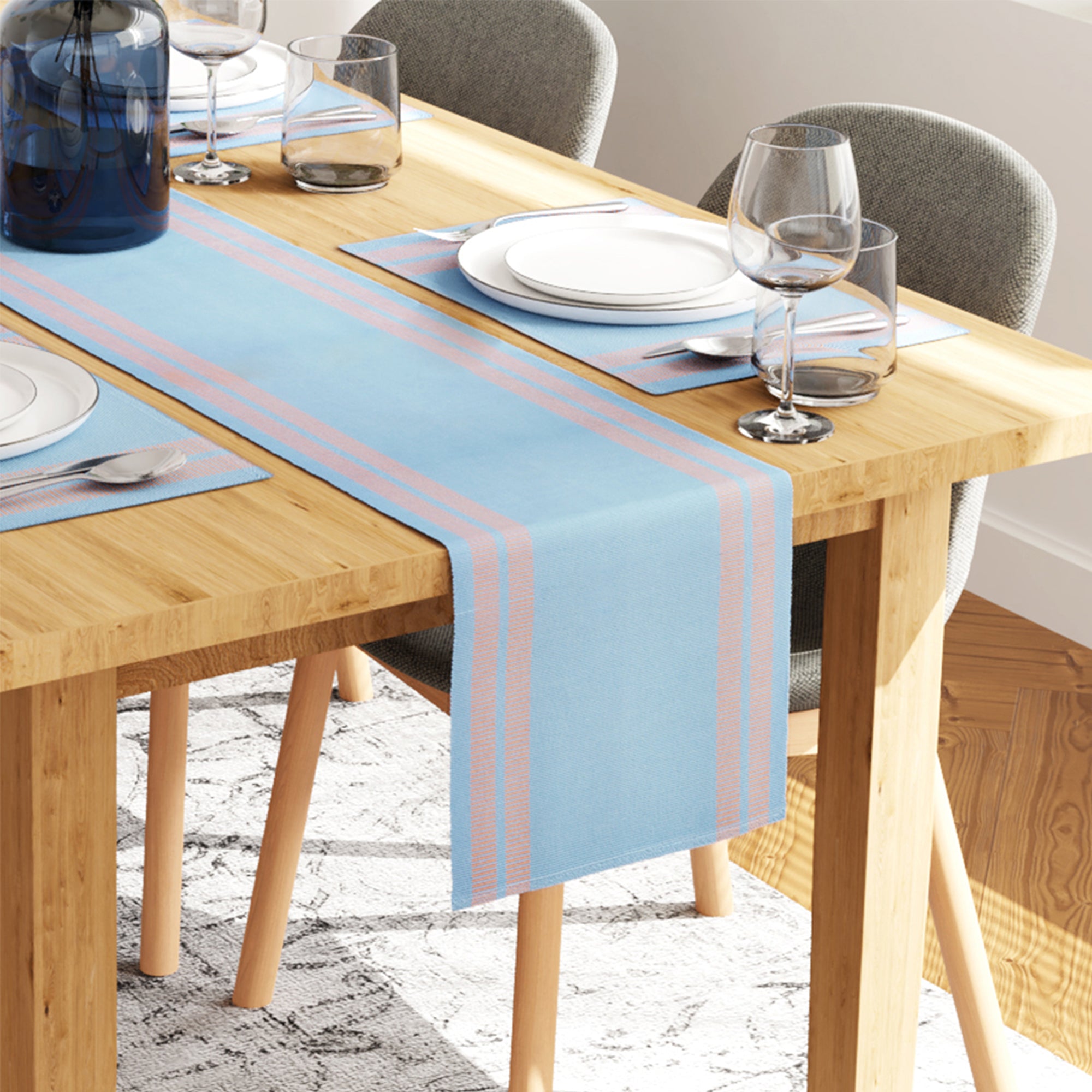 Cotton Ladder Blue Table Runner+Placemat (Pack of 5)