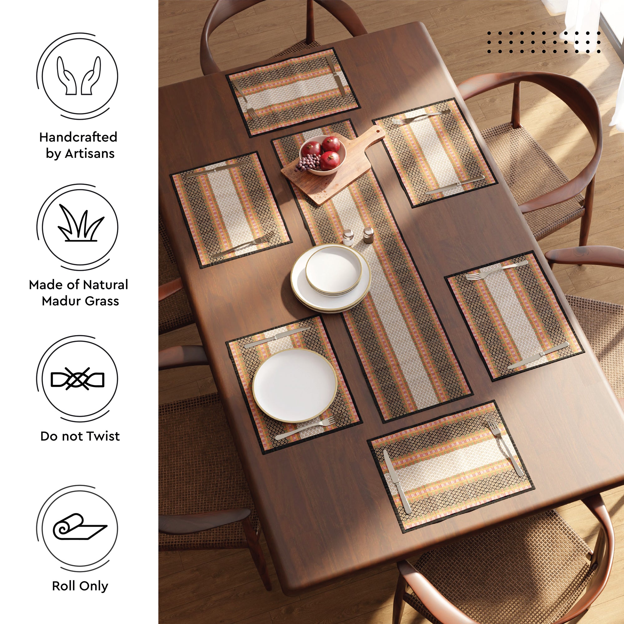 Madur Kathi Black Table Runner+Placemat (Pack of 7)