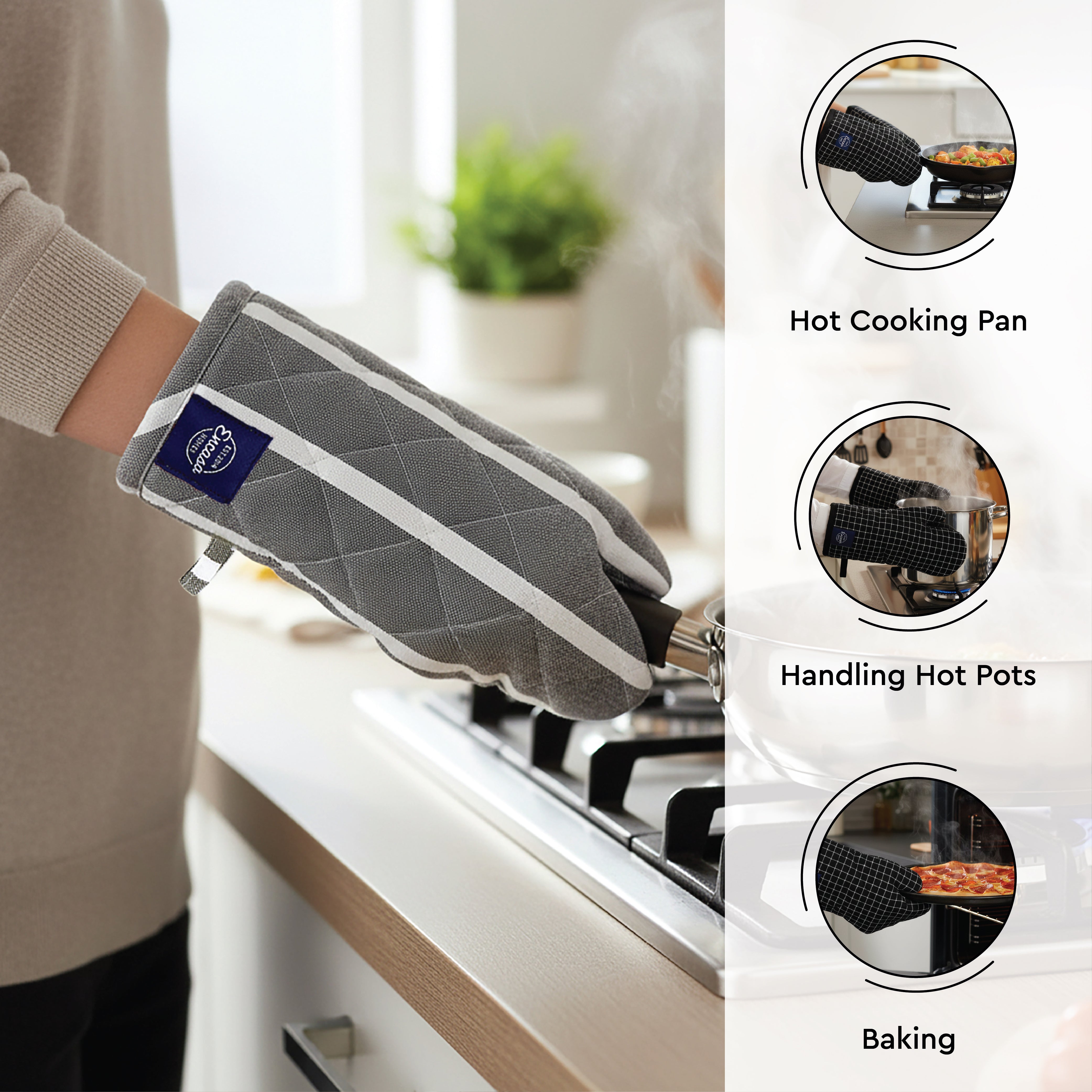 Cotton Roma Grey Stripes Apron + Oven Glove + Pot Holder (Pack of 3)