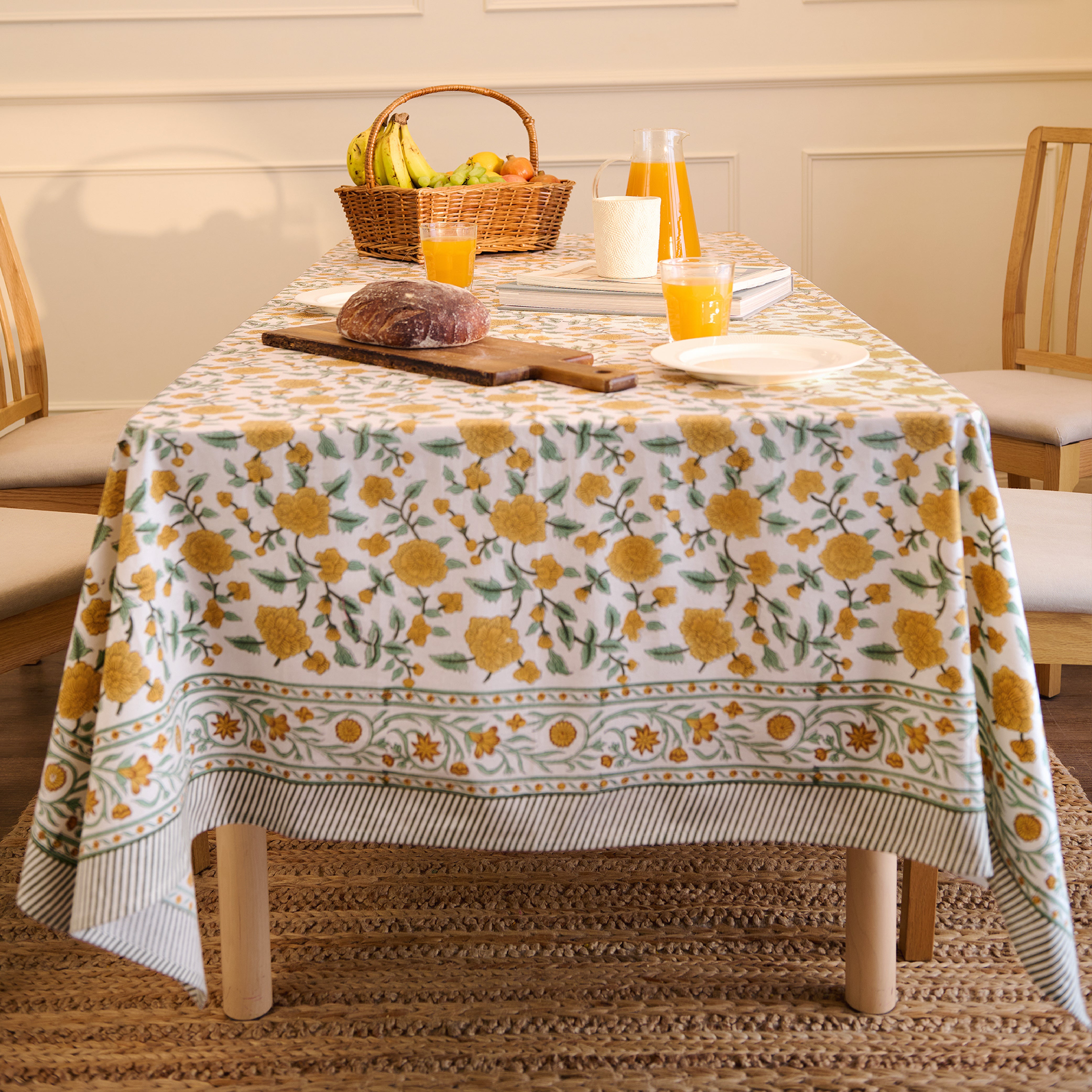 Jaipuri Hand block Print Cotton Yellow Tablecloth
