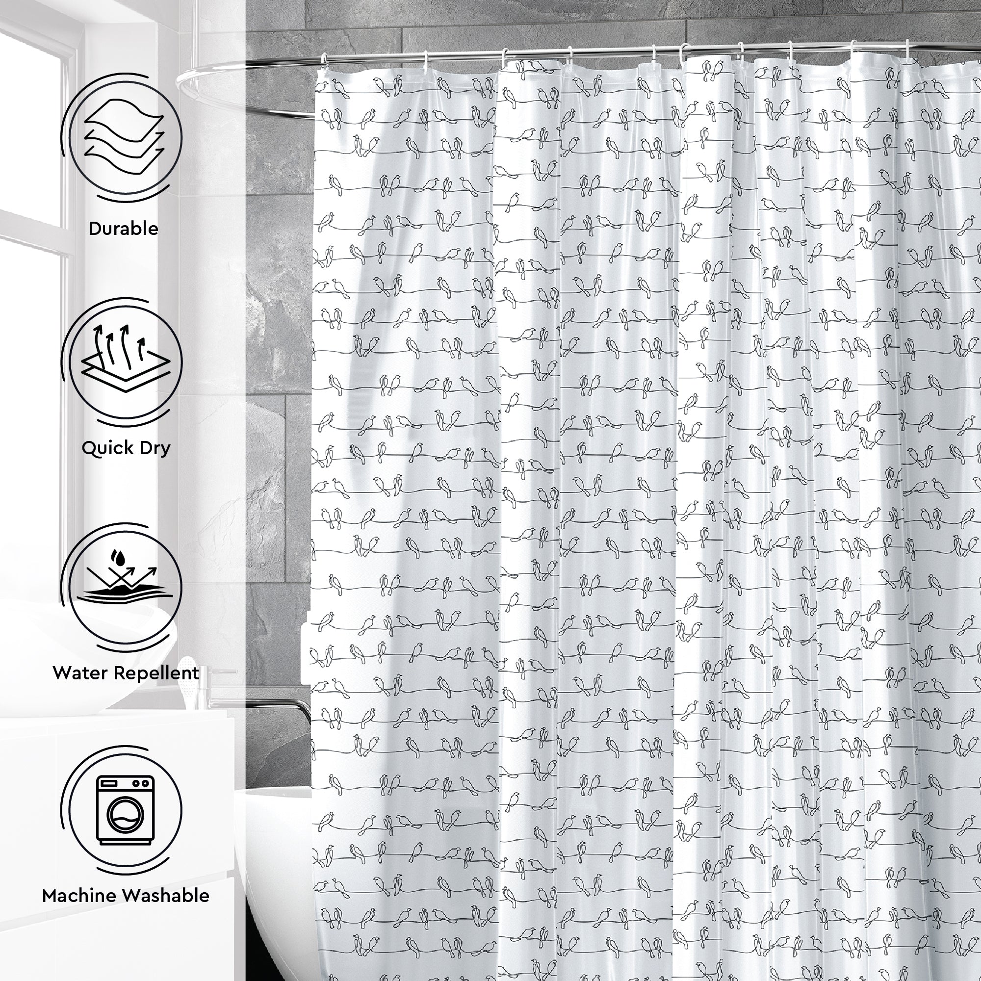 Polyester Blackbirds Combo Shower Curtain + Bathmat (Pack of 3)