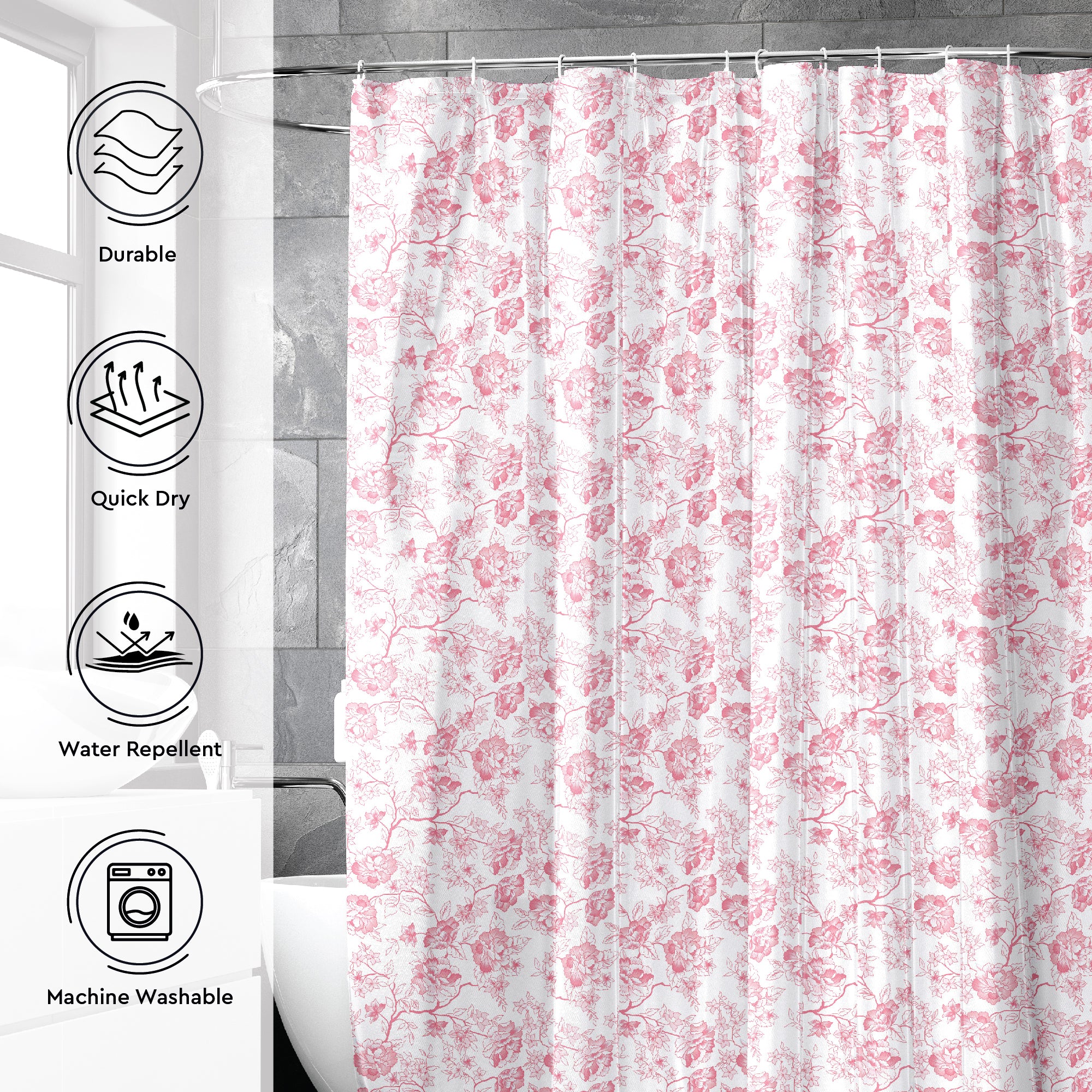 Polyester Pink Carnations Combo Shower Curtain + Bathmat (Pack of 3)