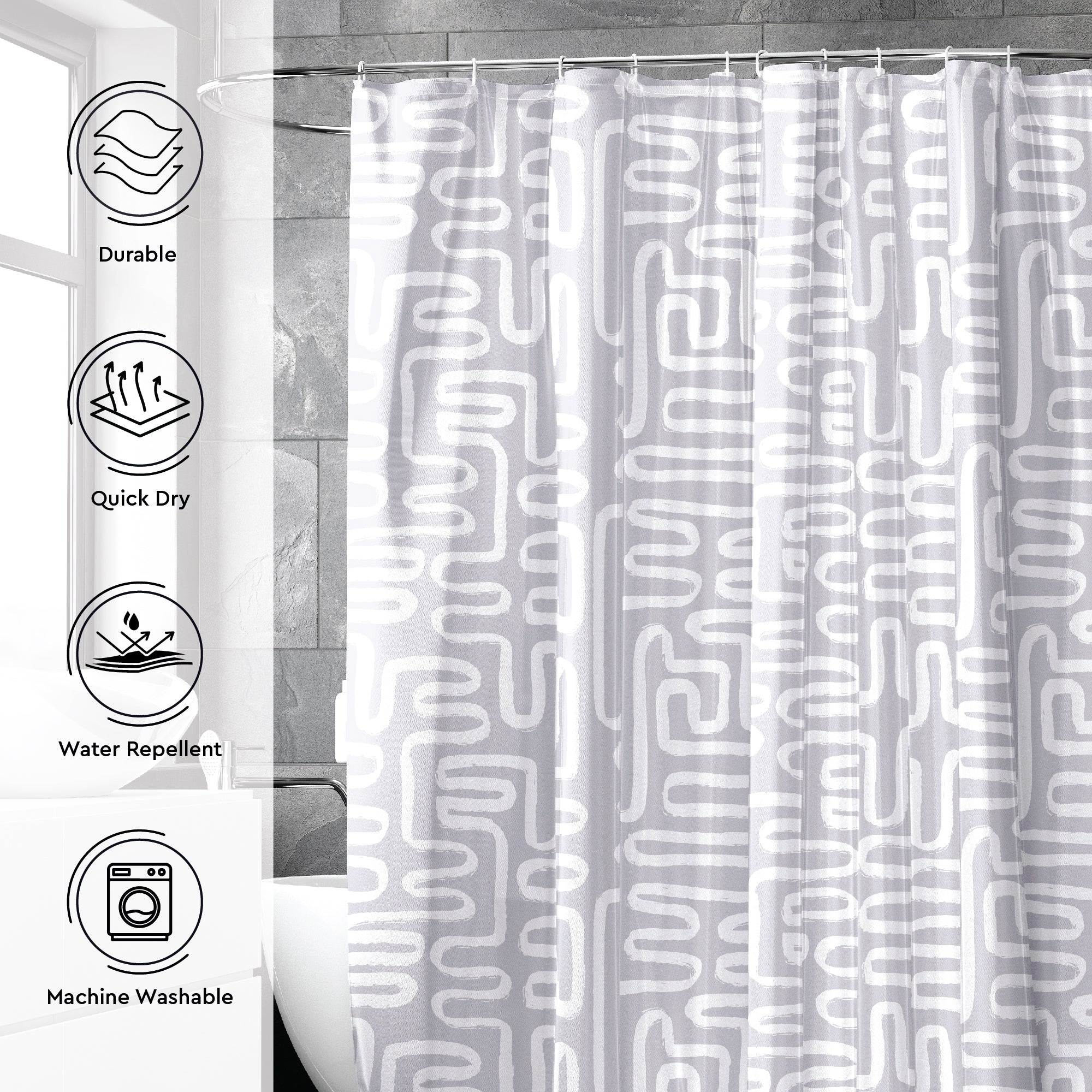 Polyester Maze Grey Combo Shower Curtain + Bathmat (Pack of 3)